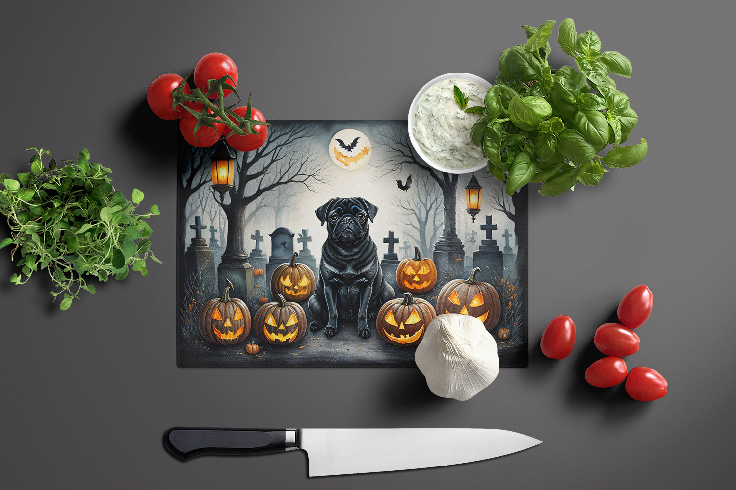 Black Pug Spooky Halloween Cutting Board Tempered Glass Kitchen Cutting Surface, Heat Resistant Chopping, Non-Slip Feet, Food Prep & Serving