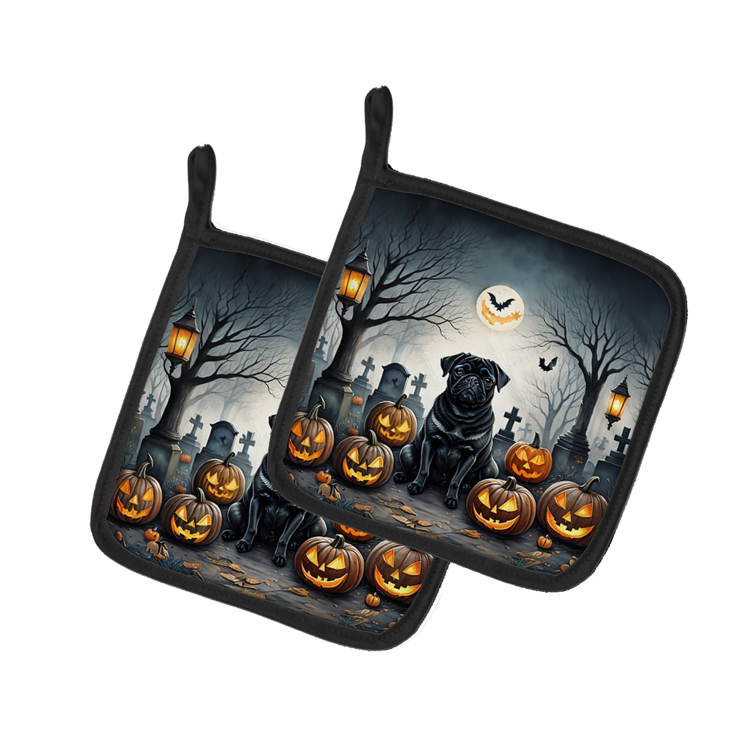 Black Pug Spooky Halloween Pot Holder Set of 2 Heat Resistant Quilted Hot Pads 7.5 x 7.5 Inch, Insulated Kitchen Trivets for Cooking & Baking