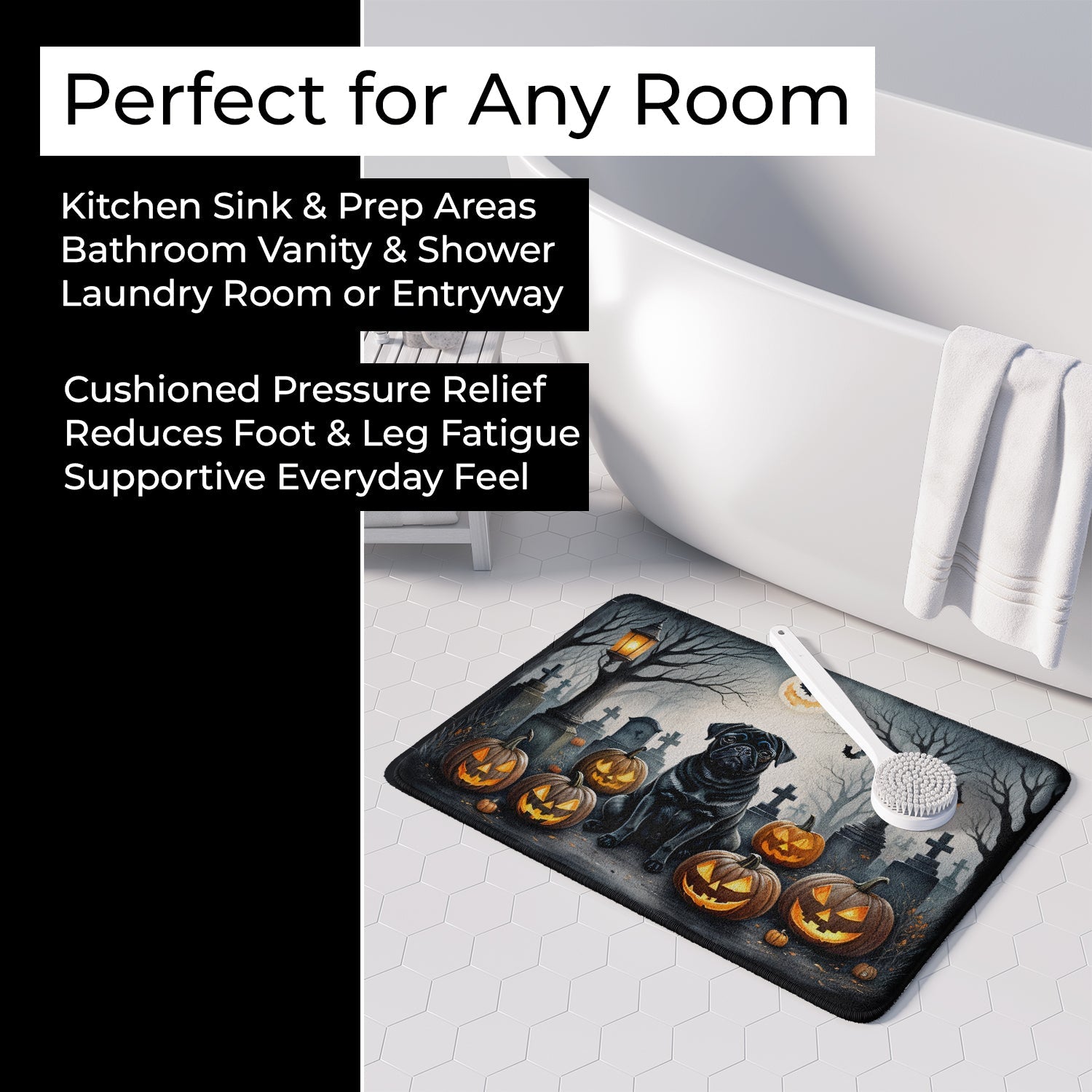 Black Pug Spooky Halloween Memory Foam Kitchen Mat Machine Washable Anti-Fatigue Cushion Comfort Bath or Kitchen Rug