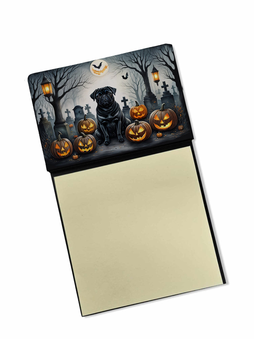 Black Pug Spooky Halloween Watercolor Sticky Note Holder Refillable Dispenser Desk Accessory 3x3 Pad Gift