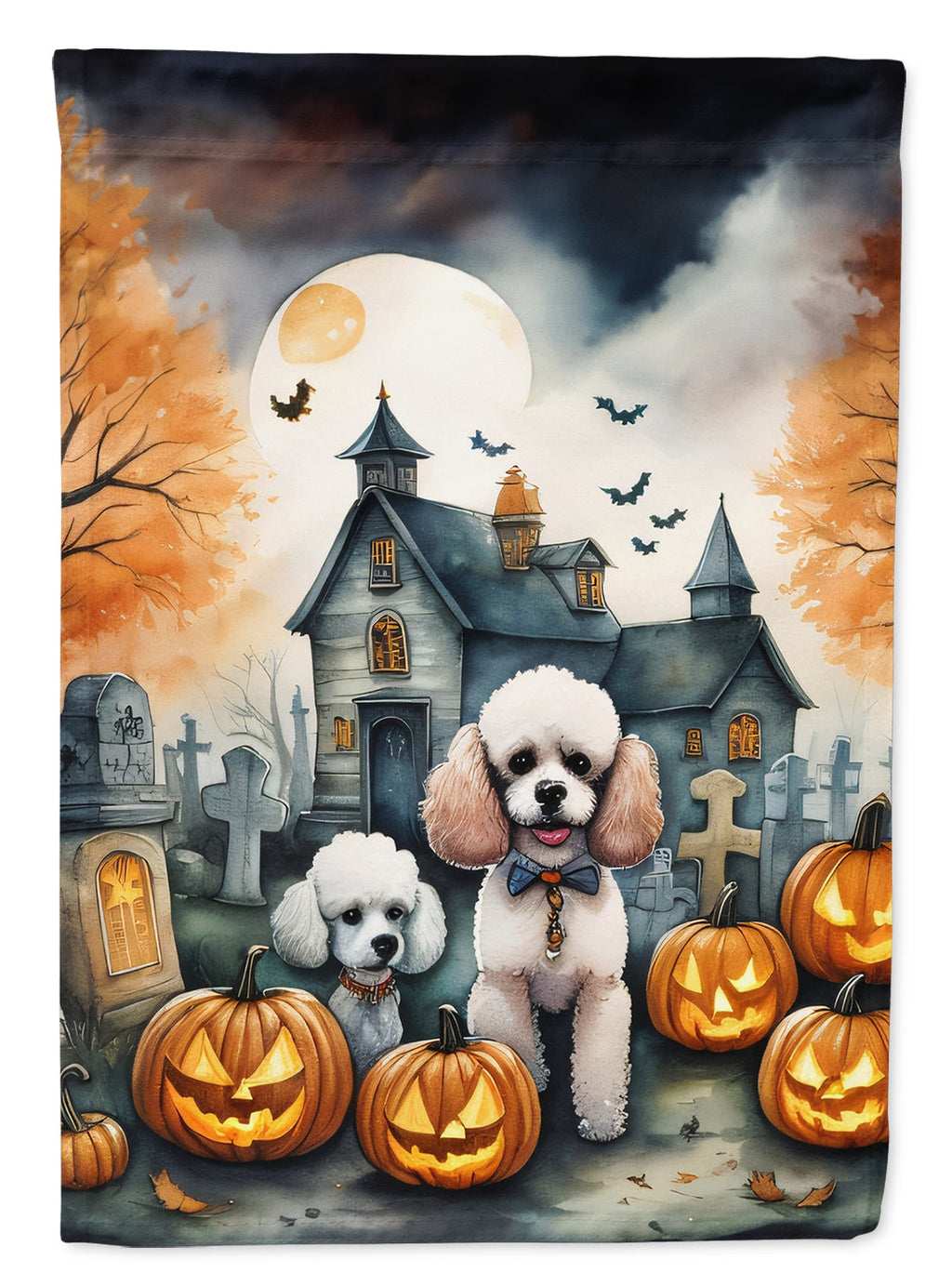 Poodle Spooky Halloween House Flag 28x40 Porch Sleeve Pole Decorative Outside Yard Banner Artwork Wall Hanging, Polyester