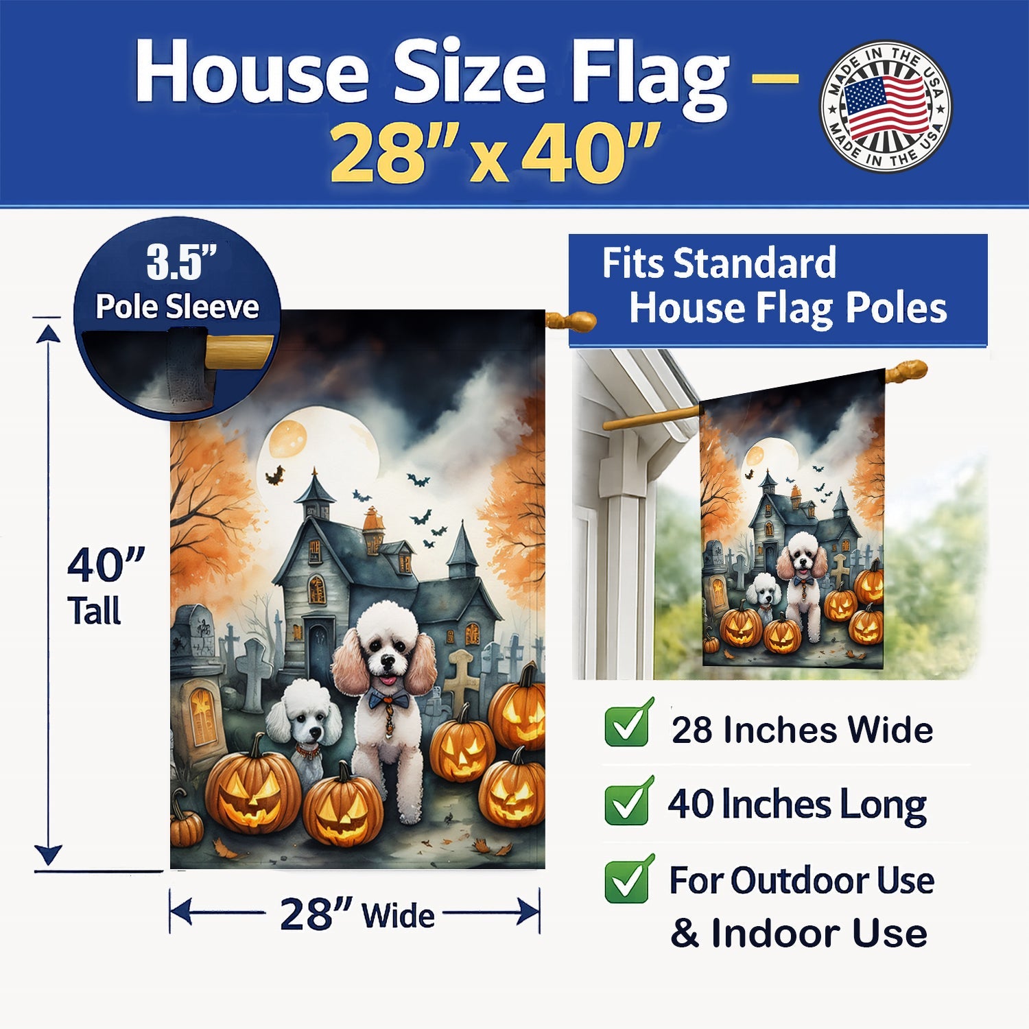 Poodle Spooky Halloween House Flag 28x40 Porch Sleeve Pole Decorative Outside Yard Banner Artwork Wall Hanging, Polyester
