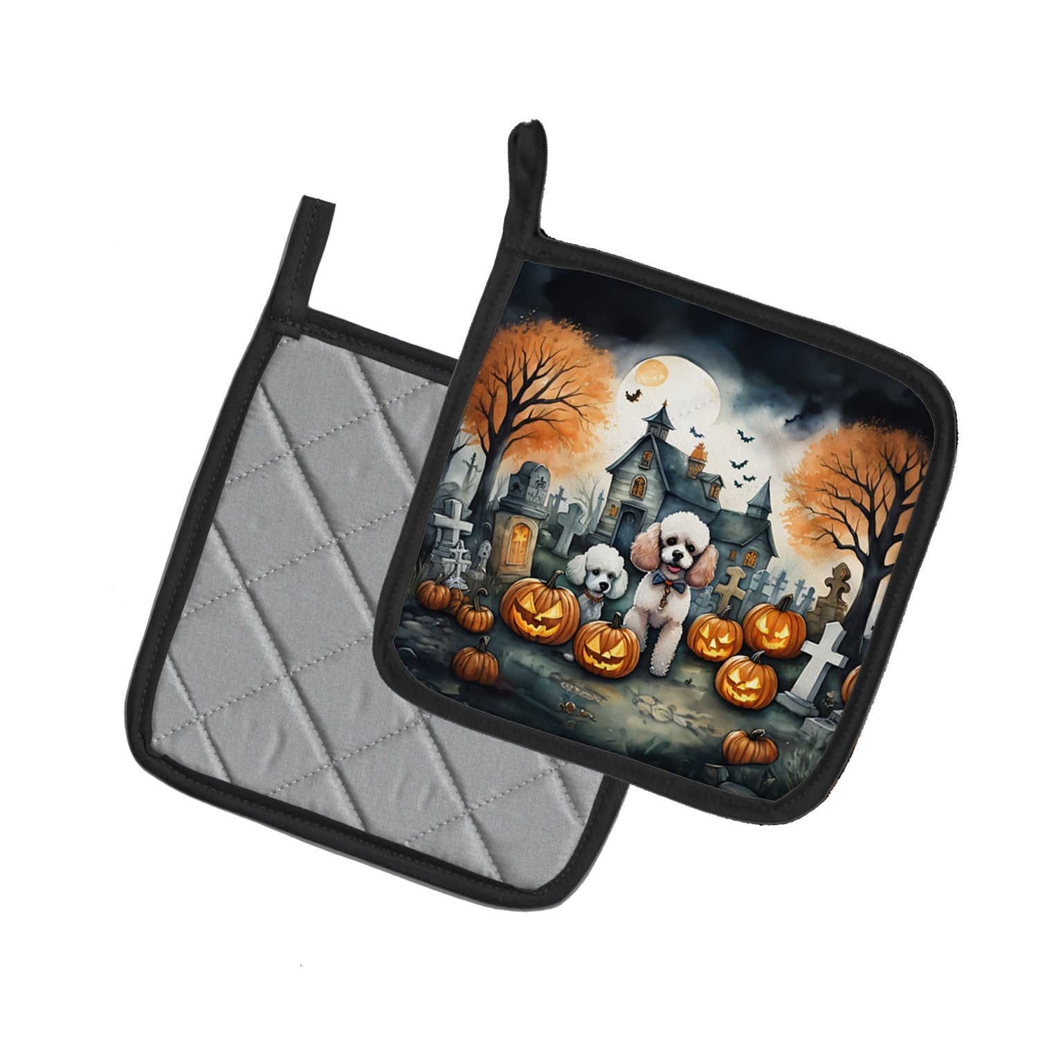 Poodle Spooky Halloween Pot Holder Set of 2 Heat Resistant Quilted Hot Pads 7.5 x 7.5 Inch, Insulated Kitchen Trivets for Cooking & Baking