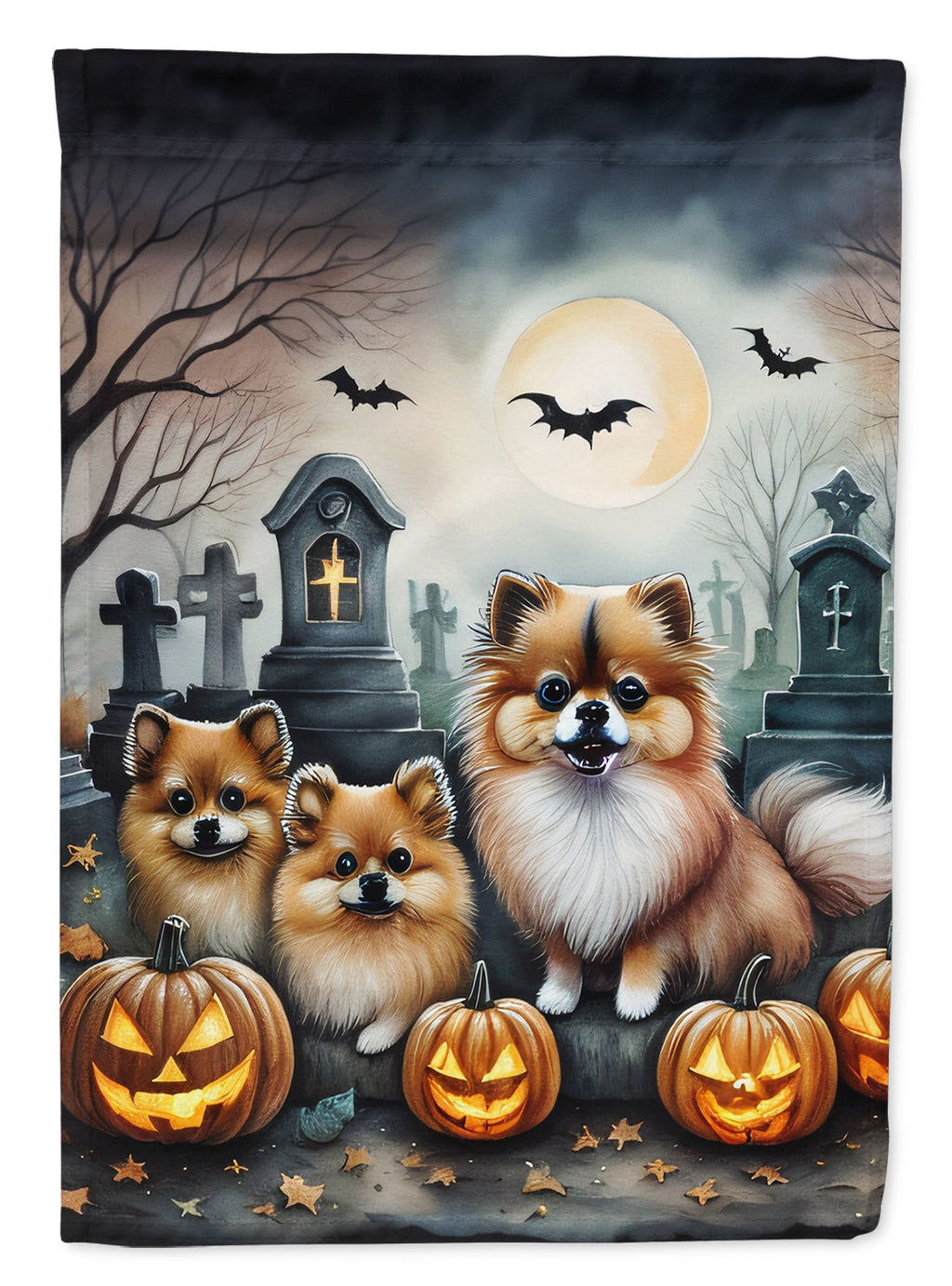 Pomeranian Spooky Halloween House Flag 28x40 Porch Sleeve Pole Decorative Outside Yard Banner Artwork Wall Hanging, Polyester