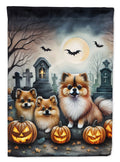 Pomeranian Spooky Halloween House Flag 28x40 Porch Sleeve Pole Decorative Outside Yard Banner Artwork Wall Hanging, Polyester