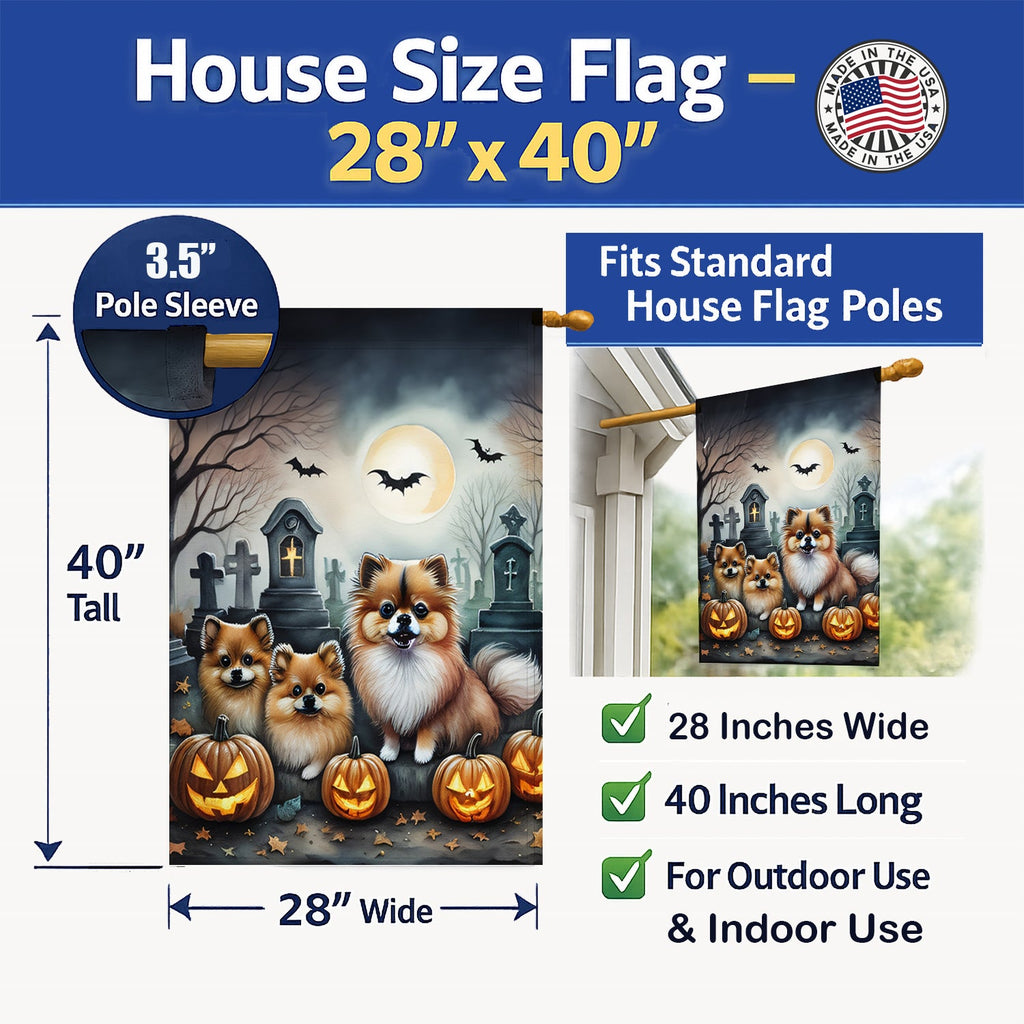 Pomeranian Spooky Halloween House Flag 28x40 Porch Sleeve Pole Decorative Outside Yard Banner Artwork Wall Hanging, Polyester