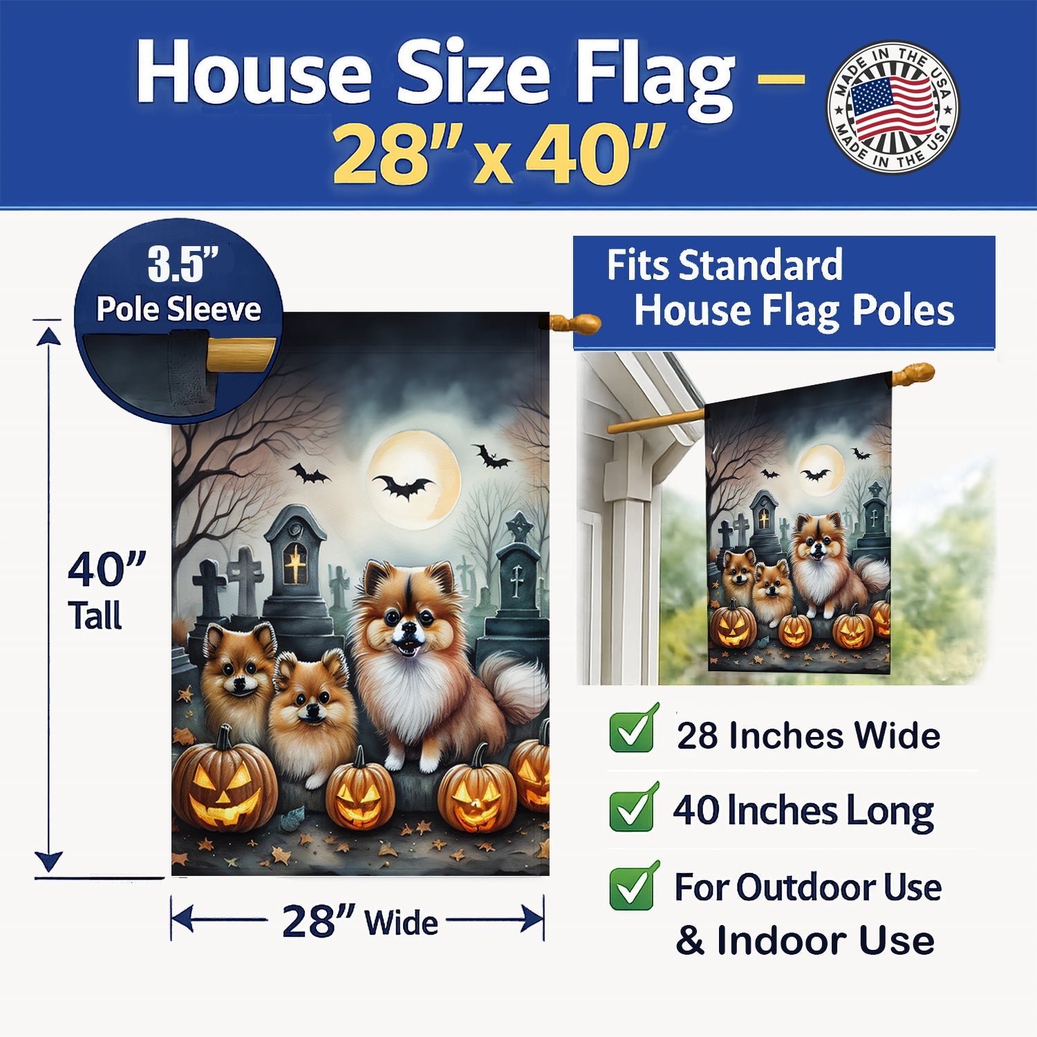 Pomeranian Spooky Halloween House Flag 28x40 Porch Sleeve Pole Decorative Outside Yard Banner Artwork Wall Hanging, Polyester