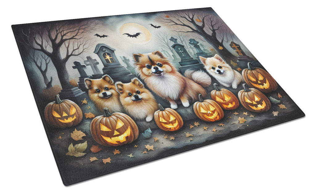 Pomeranian Spooky Halloween Cutting Board Tempered Glass Kitchen Cutting Surface, Heat Resistant Chopping, Non-Slip Feet, Food Prep & Serving