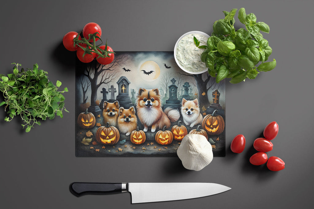 Pomeranian Spooky Halloween Cutting Board Tempered Glass Kitchen Cutting Surface, Heat Resistant Chopping, Non-Slip Feet, Food Prep & Serving
