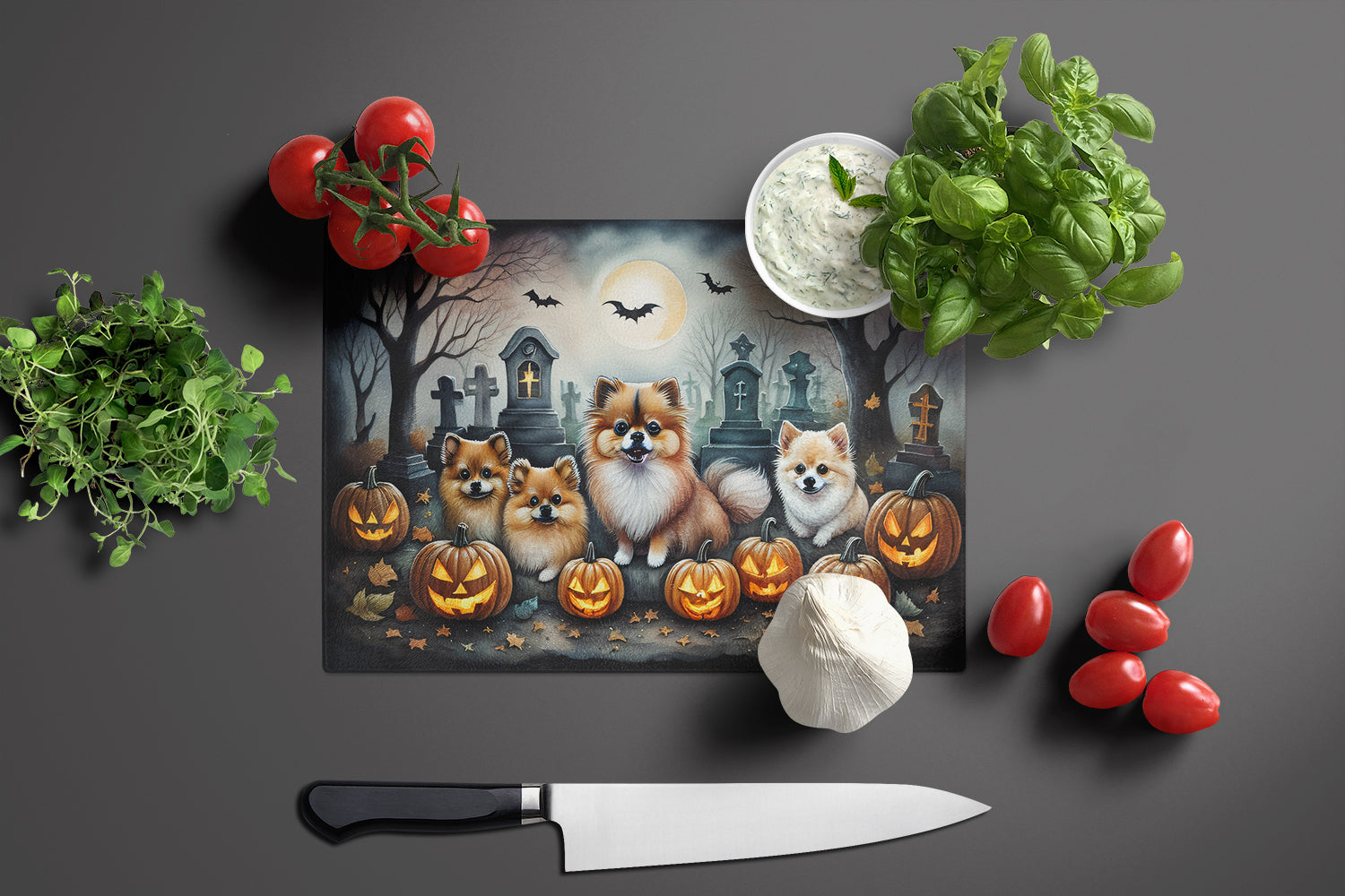 Pomeranian Spooky Halloween Cutting Board Tempered Glass Kitchen Cutting Surface, Heat Resistant Chopping, Non-Slip Feet, Food Prep & Serving