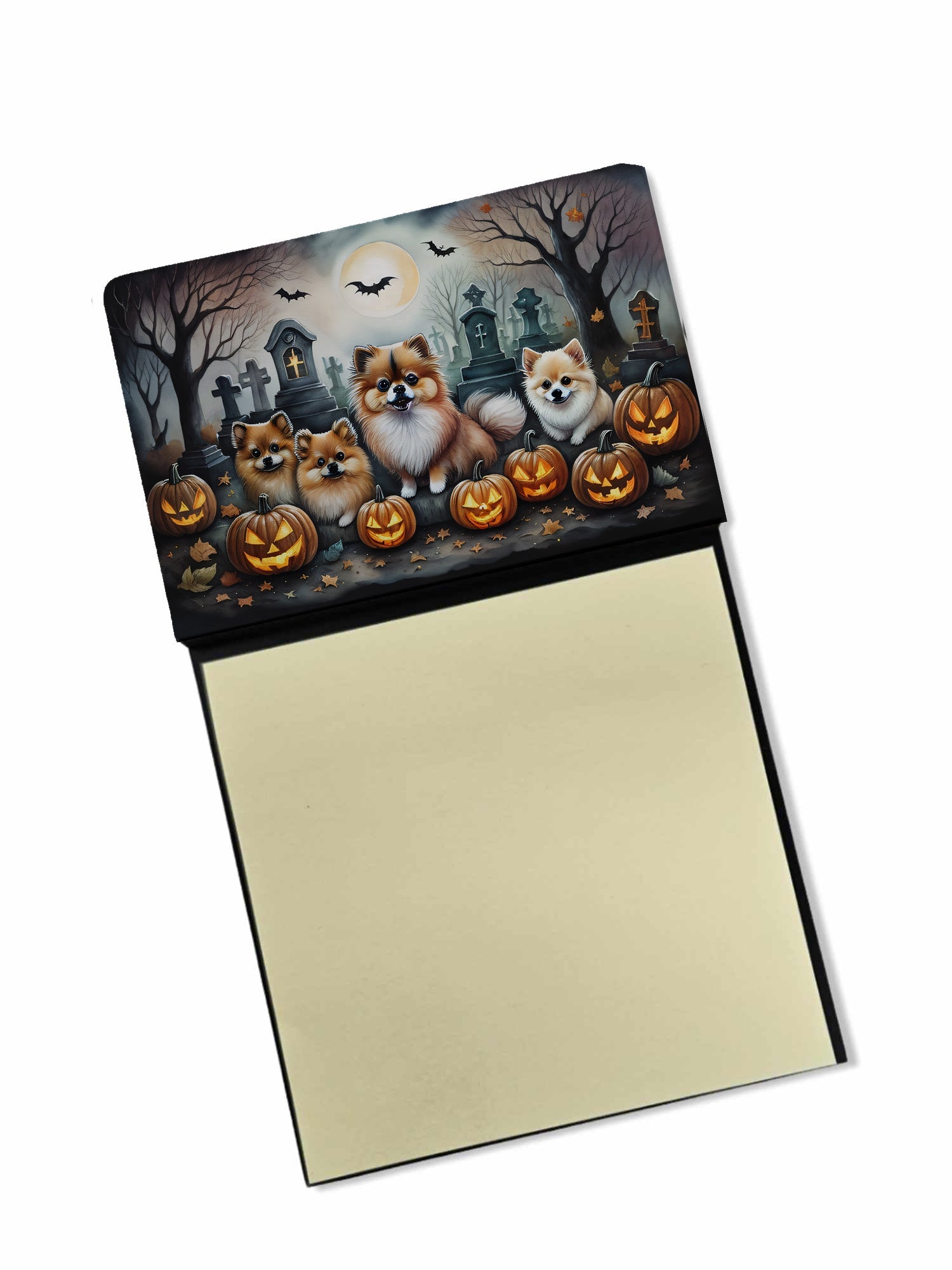 Pomeranian Spooky Halloween Watercolor Sticky Note Holder Refillable Dispenser Desk Accessory 3x3 Pad Gift