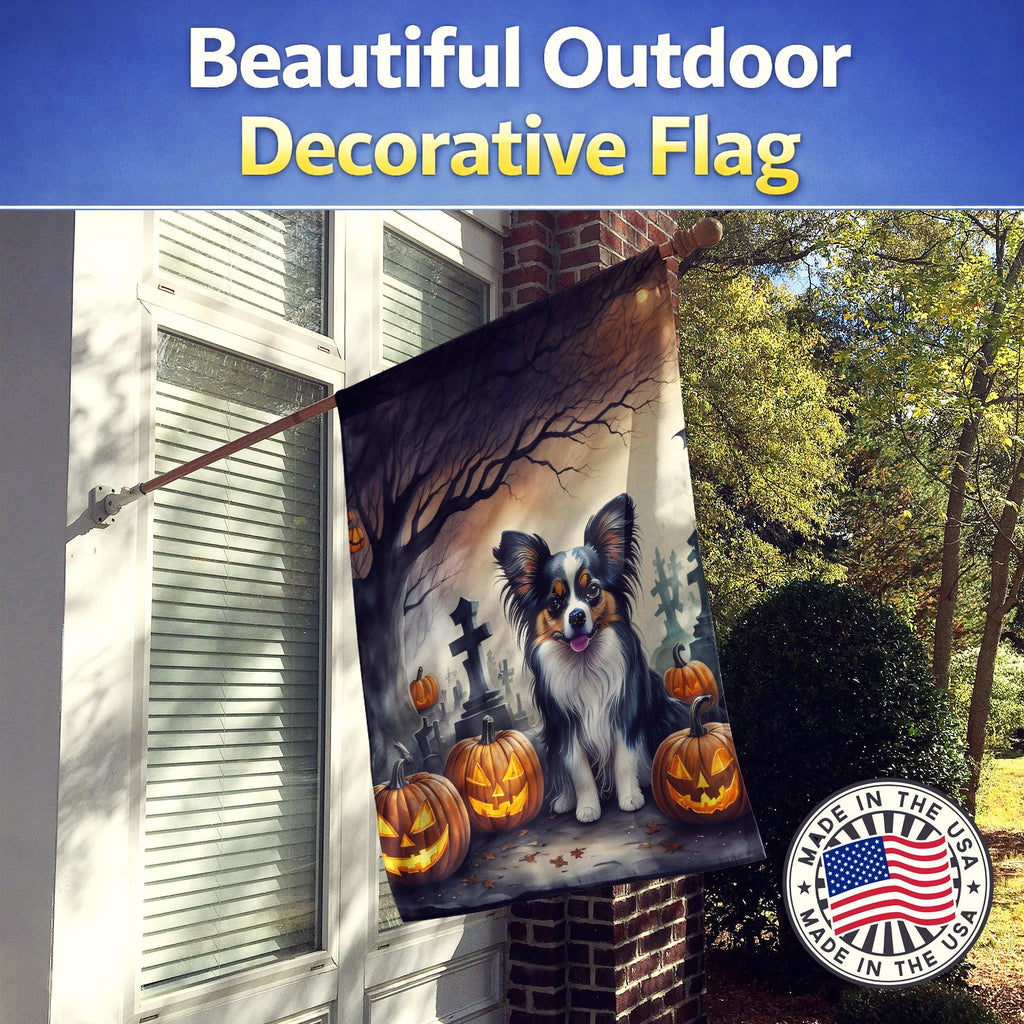 Papillon Spooky Halloween House Flag 28x40 Porch Sleeve Pole Decorative Outside Yard Banner Artwork Wall Hanging, Polyester