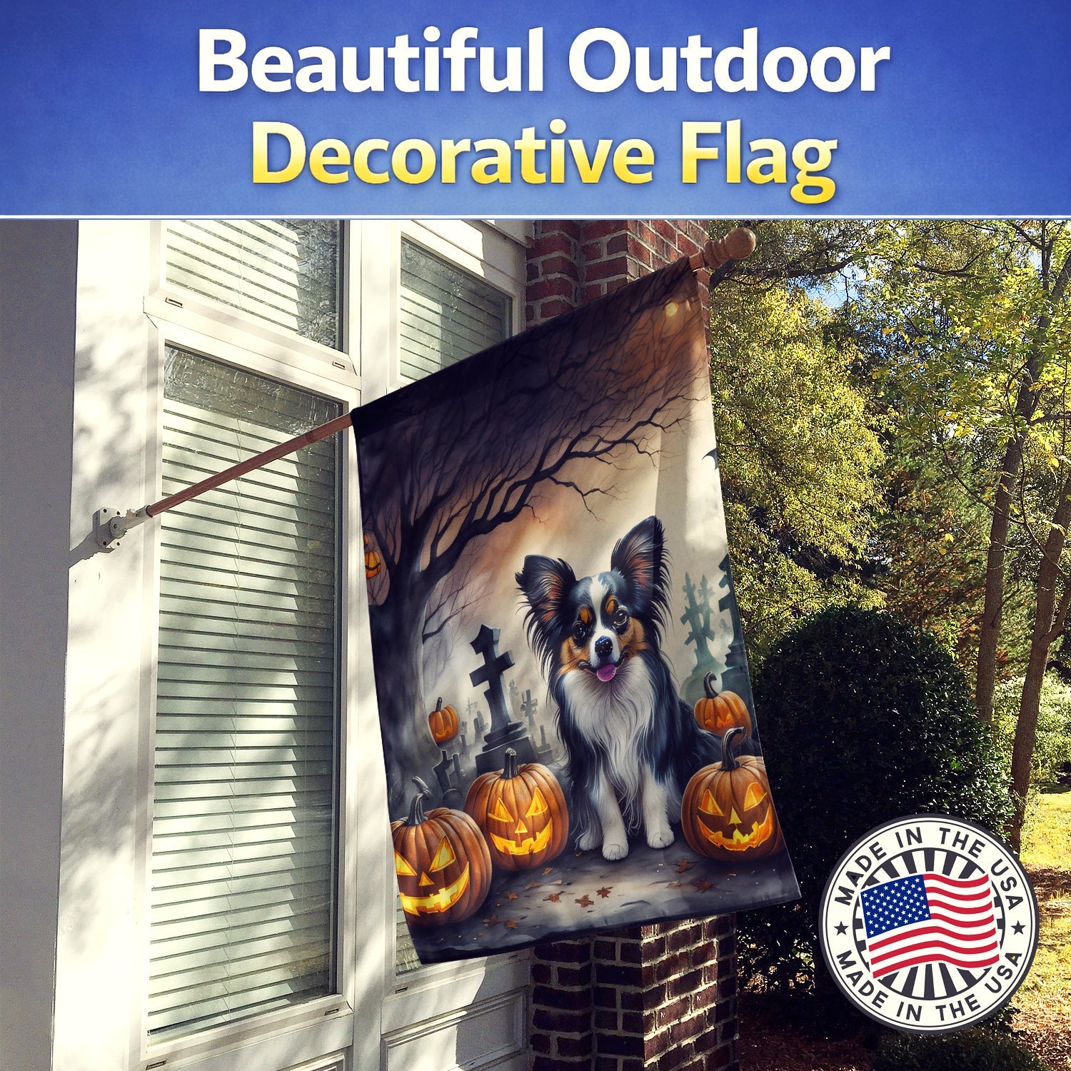 Papillon Spooky Halloween House Flag 28x40 Porch Sleeve Pole Decorative Outside Yard Banner Artwork Wall Hanging, Polyester