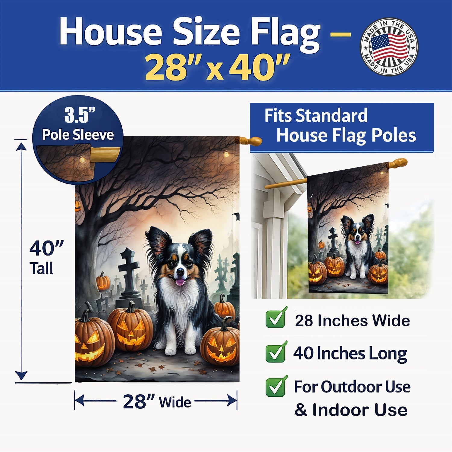 Papillon Spooky Halloween House Flag 28x40 Porch Sleeve Pole Decorative Outside Yard Banner Artwork Wall Hanging, Polyester