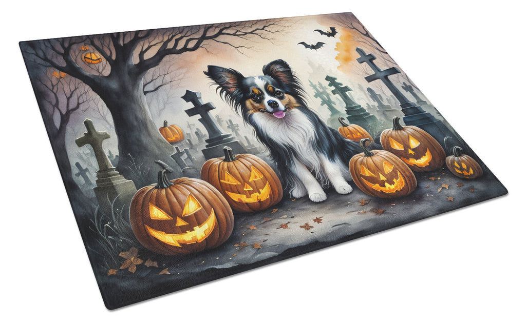 Papillon Spooky Halloween Cutting Board Tempered Glass Kitchen Cutting Surface, Heat Resistant Chopping, Non-Slip Feet, Food Prep & Serving