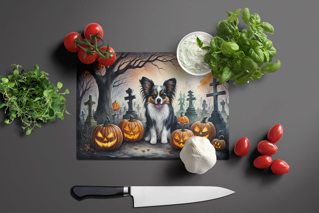 Papillon Spooky Halloween Cutting Board Tempered Glass Kitchen Cutting Surface, Heat Resistant Chopping, Non-Slip Feet, Food Prep & Serving