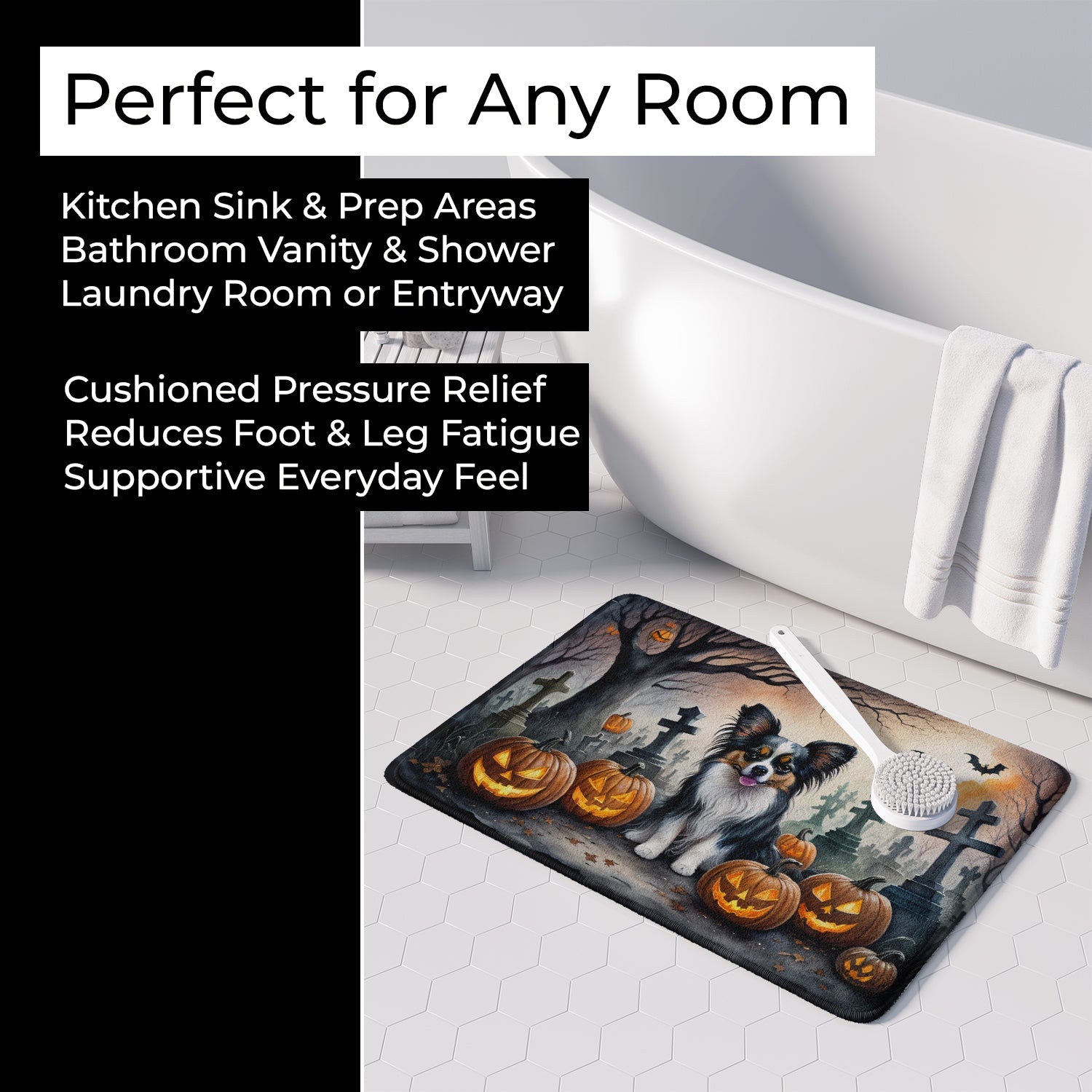 Papillon Spooky Halloween Memory Foam Kitchen Mat Machine Washable Anti-Fatigue Cushion Comfort Bath or Kitchen Rug