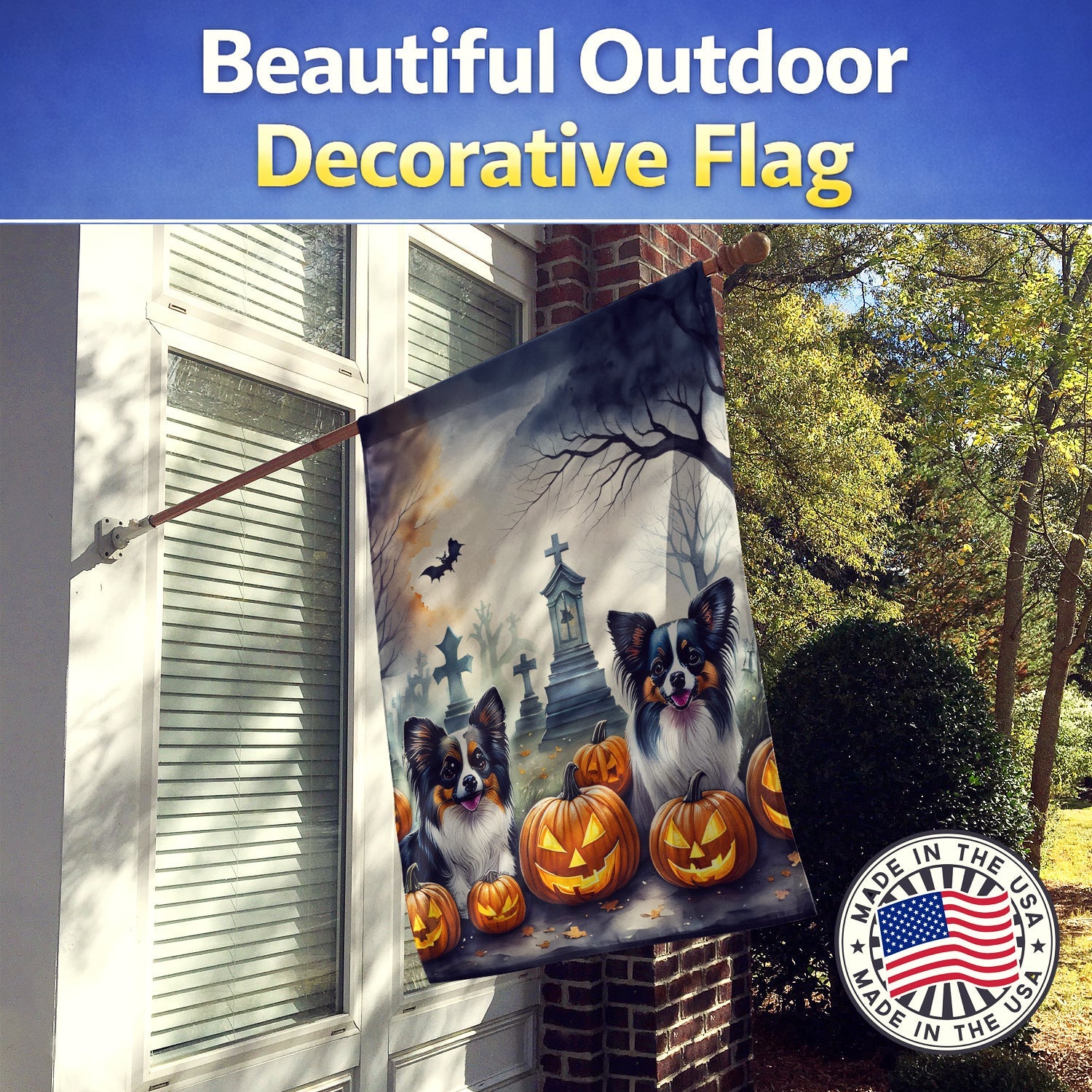 Papillon Spooky Halloween House Flag 28x40 Porch Sleeve Pole Decorative Outside Yard Banner Artwork Wall Hanging, Polyester