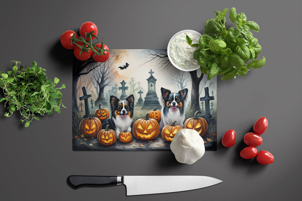 Papillon Spooky Halloween Cutting Board Tempered Glass Kitchen Cutting Surface, Heat Resistant Chopping, Non-Slip Feet, Food Prep & Serving