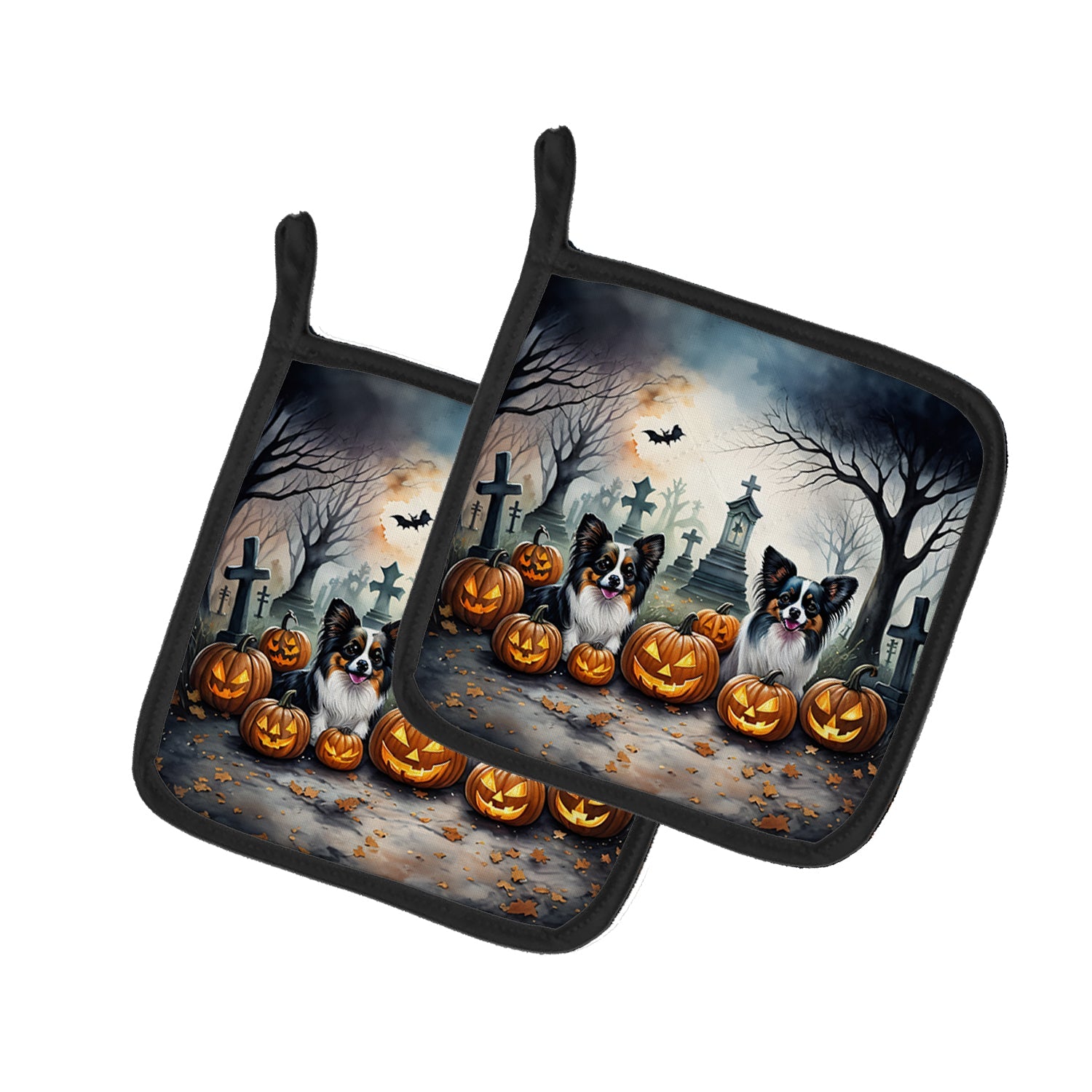 Papillon Spooky Halloween Pot Holder Set of 2 Heat Resistant Quilted Hot Pads 7.5 x 7.5 Inch, Insulated Kitchen Trivets for Cooking & Baking