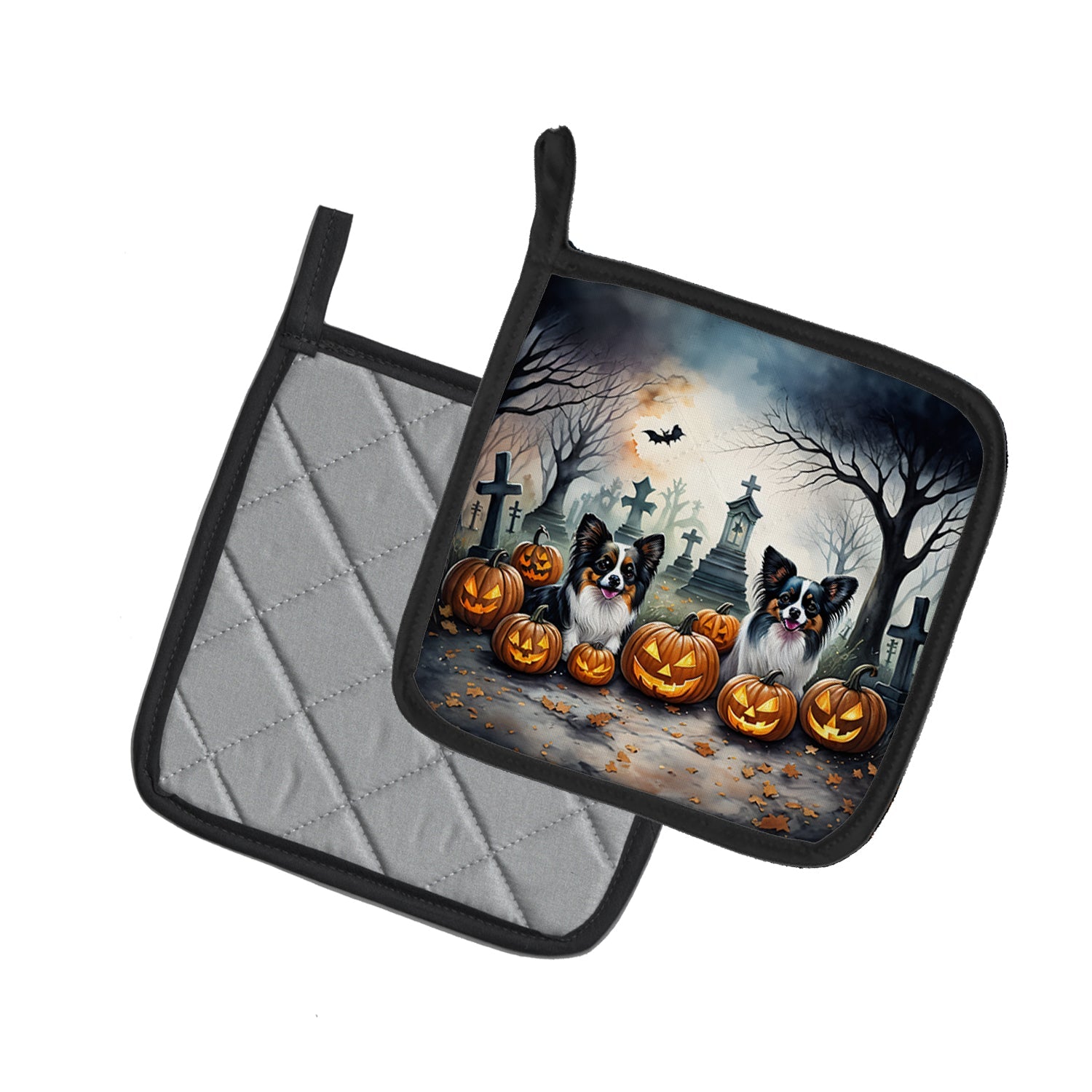 Papillon Spooky Halloween Pot Holder Set of 2 Heat Resistant Quilted Hot Pads 7.5 x 7.5 Inch, Insulated Kitchen Trivets for Cooking & Baking