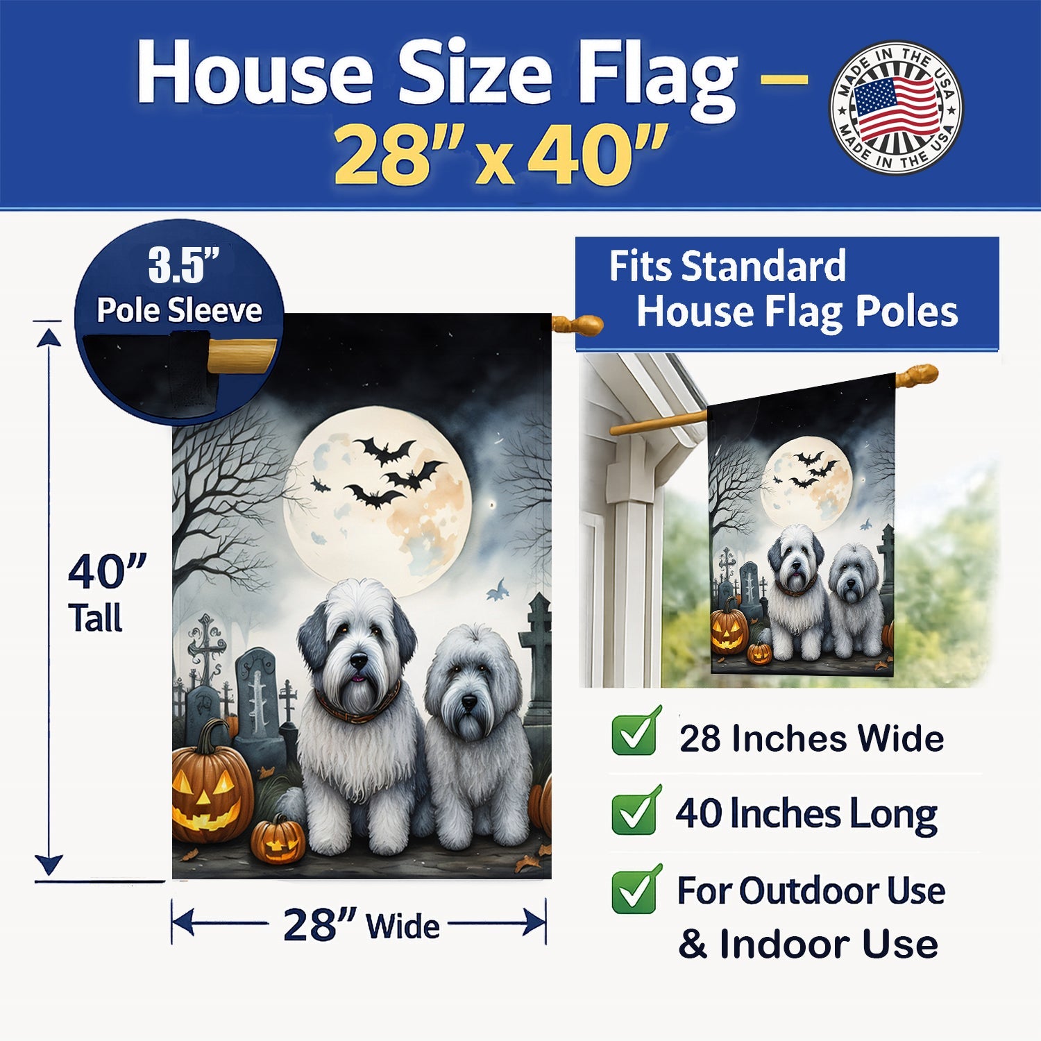 Old English Sheepdog Spooky Halloween House Flag 28x40 Porch Sleeve Pole Decorative Outside Yard Banner Artwork Wall Hanging, Polyester