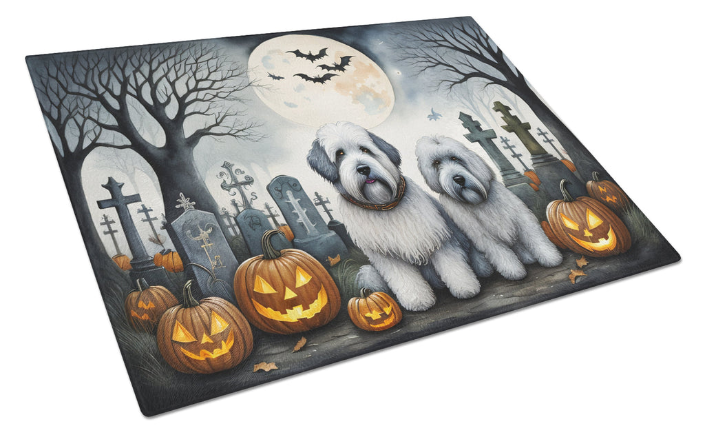 Old English Sheepdog Spooky Halloween Cutting Board Tempered Glass Kitchen Cutting Surface, Heat Resistant Chopping, Non-Slip Feet, Food Prep & Serving