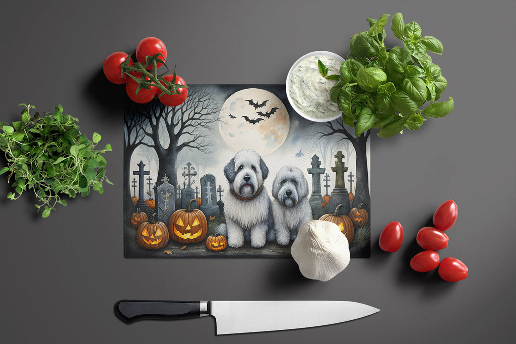 Old English Sheepdog Spooky Halloween Cutting Board Tempered Glass Kitchen Cutting Surface, Heat Resistant Chopping, Non-Slip Feet, Food Prep & Serving