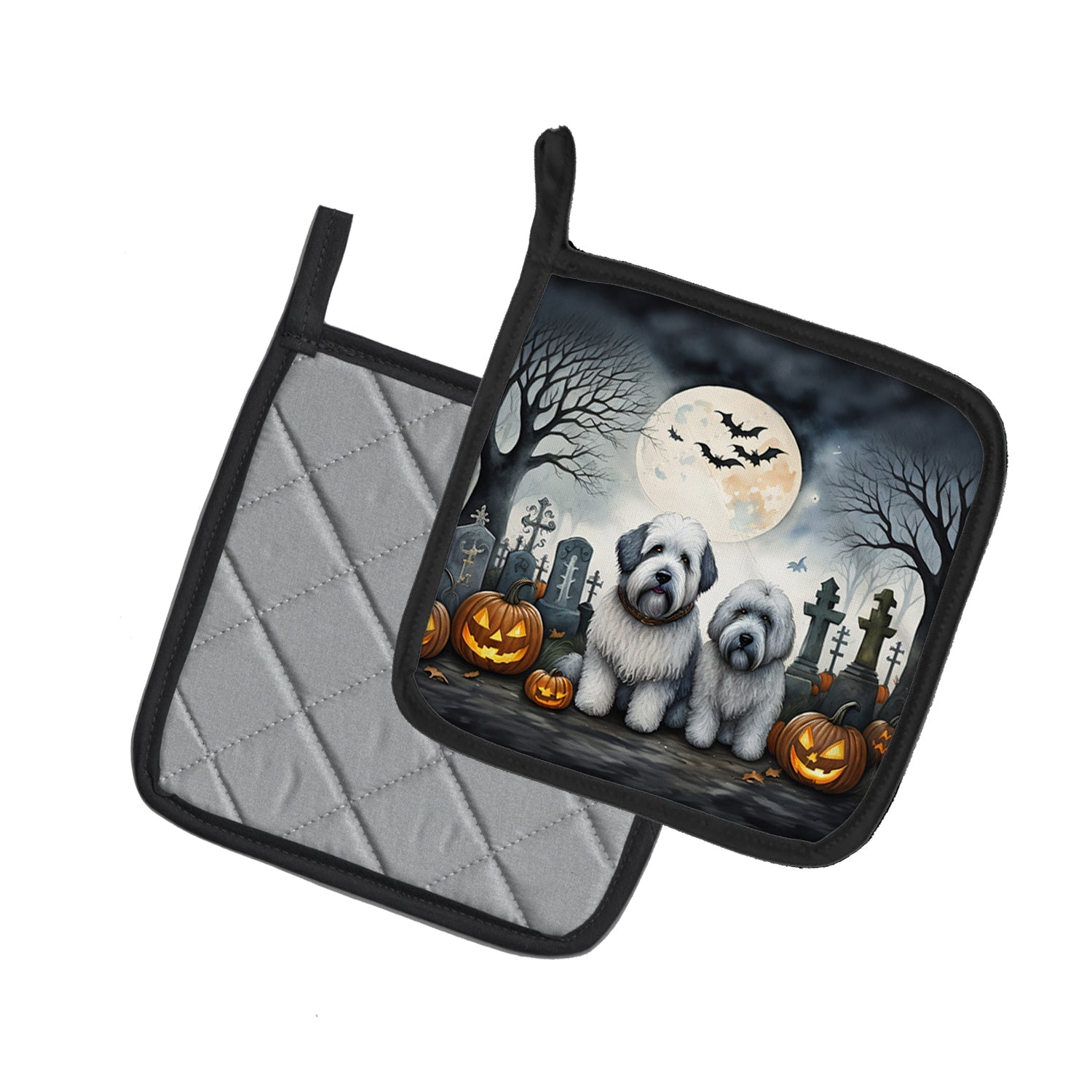 Old English Sheepdog Spooky Halloween Pot Holder Set of 2 Heat Resistant Quilted Hot Pads 7.5 x 7.5 Inch, Insulated Kitchen Trivets for Cooking & Baking