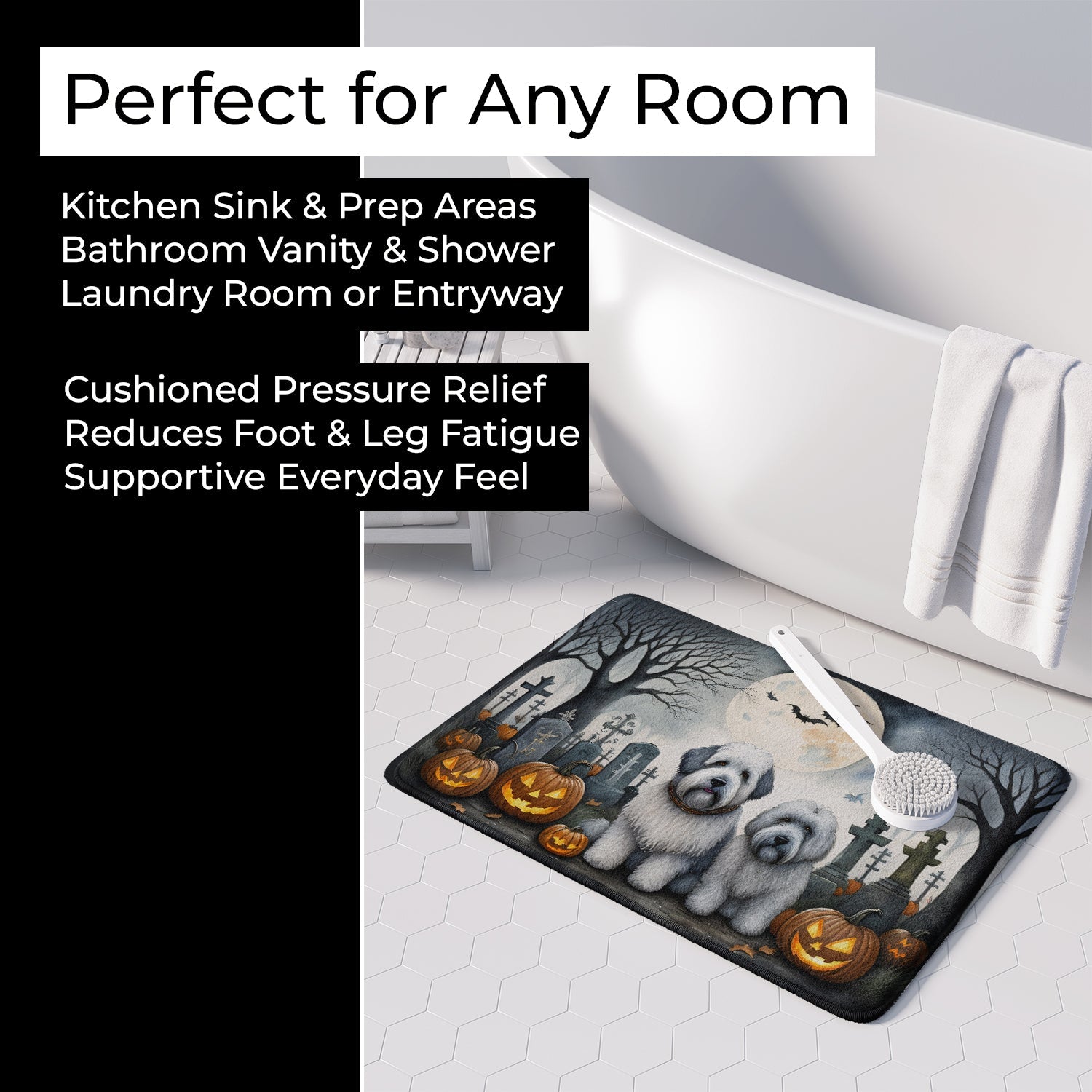 Old English Sheepdog Spooky Halloween Memory Foam Kitchen Mat Machine Washable Anti-Fatigue Cushion Comfort Bath or Kitchen Rug