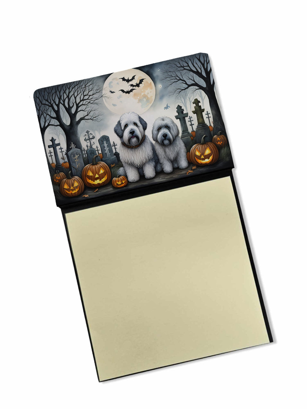 Old English Sheepdog Spooky Halloween Watercolor Sticky Note Holder Refillable Dispenser Desk Accessory 3x3 Pad Gift