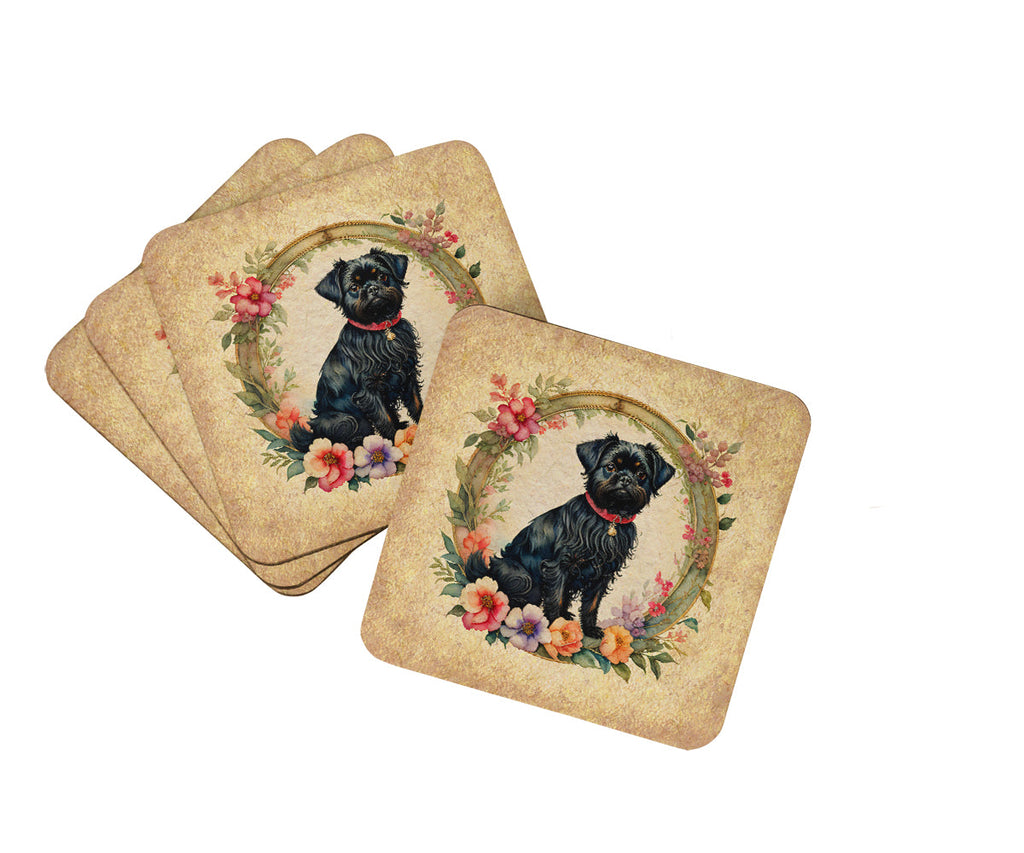 Affenpinscher and Flowers Foam Coasters Set of 4 Cup Coasters for Indoor Outdoor, Tabletop Protection, Anti Slip, Mouse pad Material