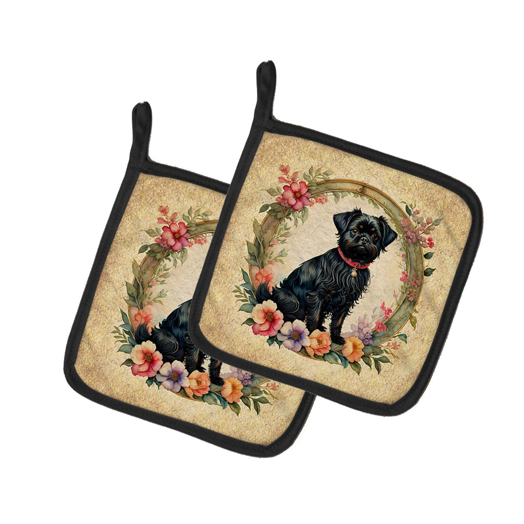 Affenpinscher and Flowers Pot Holder Set of 2 Heat Resistant Quilted Hot Pads 7.5 x 7.5 Inch, Insulated Kitchen Trivets for Cooking & Baking
