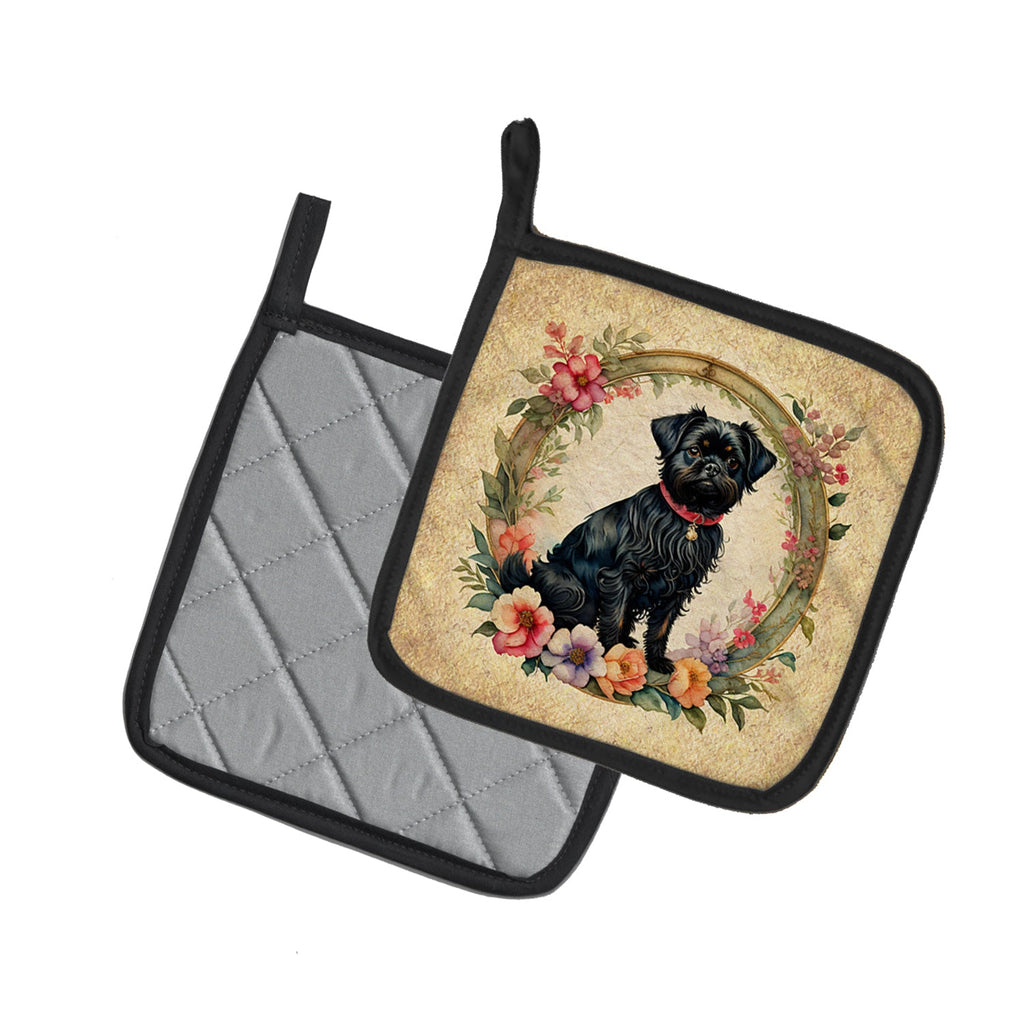Affenpinscher and Flowers Pot Holder Set of 2 Heat Resistant Quilted Hot Pads 7.5 x 7.5 Inch, Insulated Kitchen Trivets for Cooking & Baking