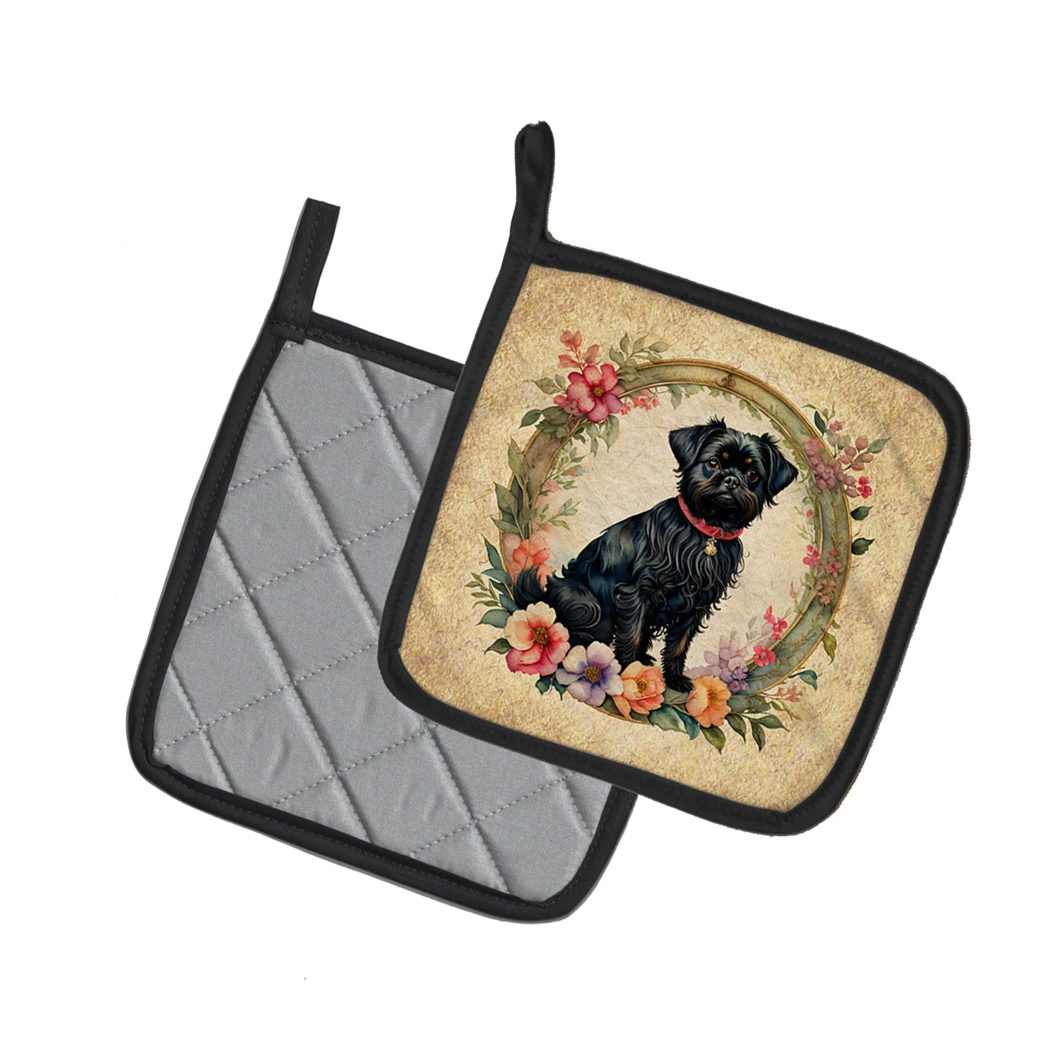 Affenpinscher and Flowers Pot Holder Set of 2 Heat Resistant Quilted Hot Pads 7.5 x 7.5 Inch, Insulated Kitchen Trivets for Cooking & Baking