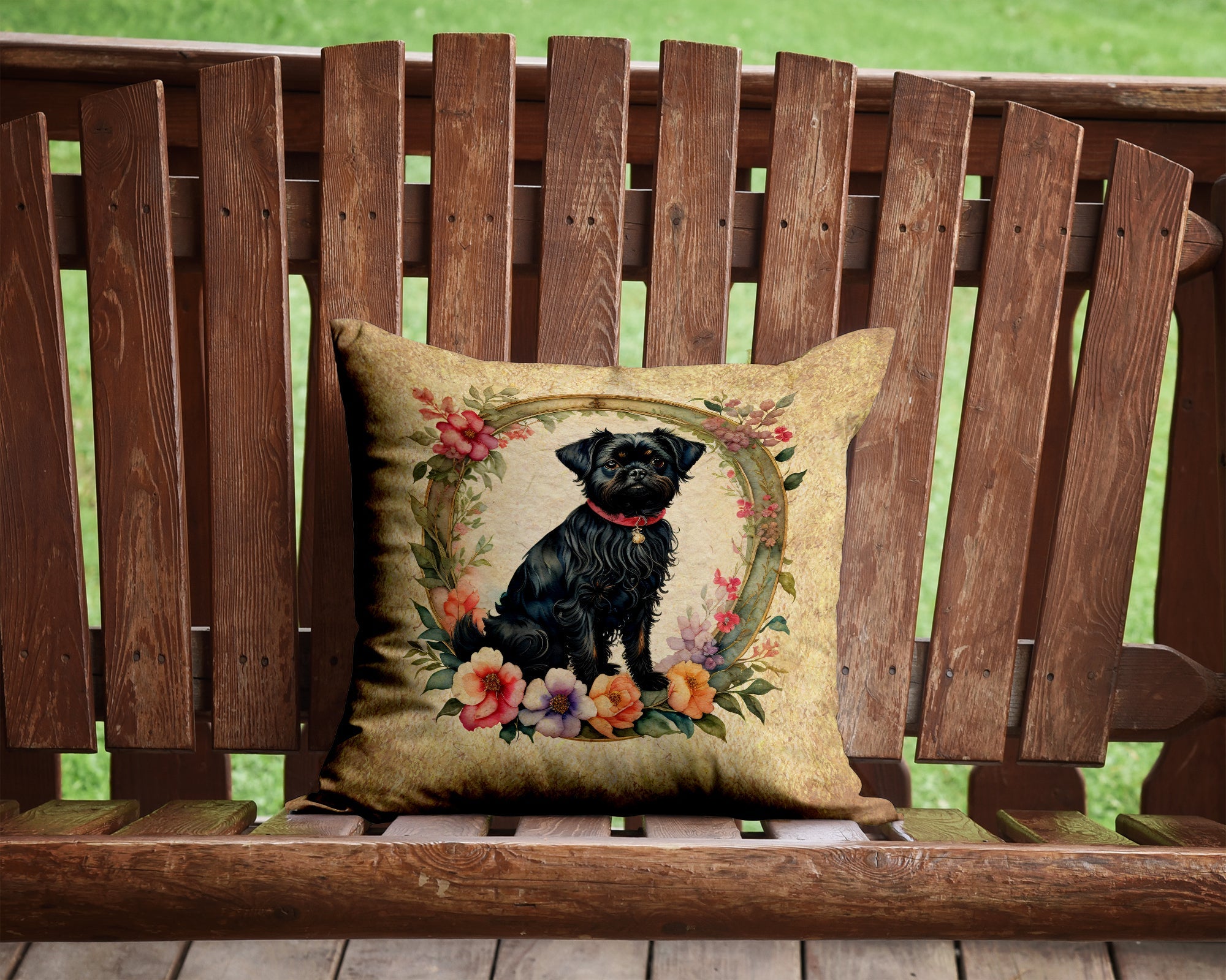 Affenpinscher and Flowers Decorative Throw Pillow 14x14 Indoor Outdoor Accent Cushion, Fabric Cover with Insert for Sofa, Bed, Porch & Living Room