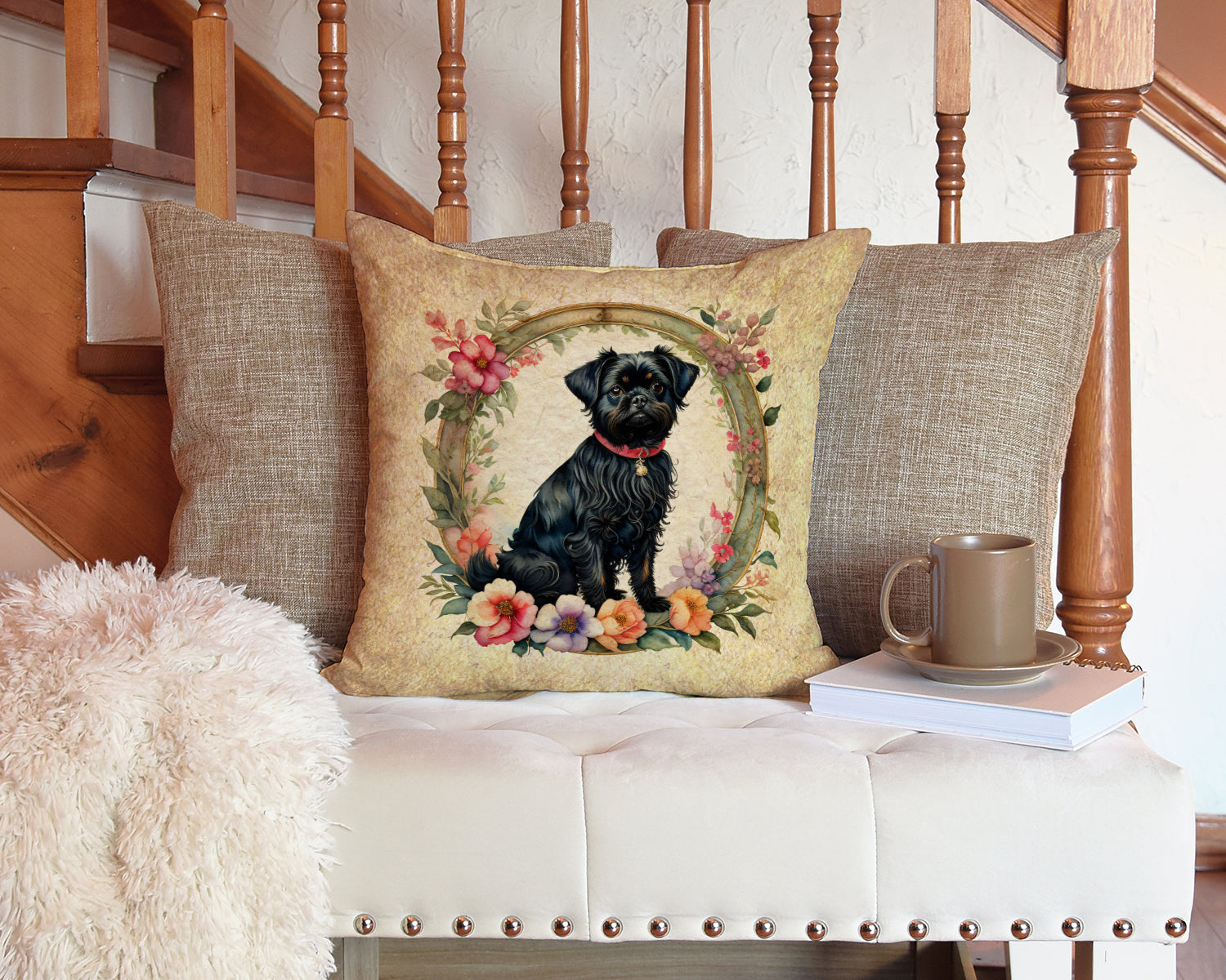 Affenpinscher and Flowers Decorative Throw Pillow 14x14 Indoor Outdoor Accent Cushion, Fabric Cover with Insert for Sofa, Bed, Porch & Living Room