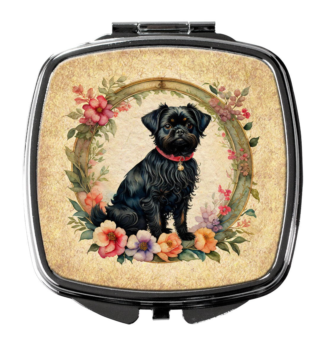 Affenpinscher and Flowers Compact Mirror Decorative Travel Makeup Mirror for Women Girls Gifts Pocket Makeup Mirror Folding Handheld