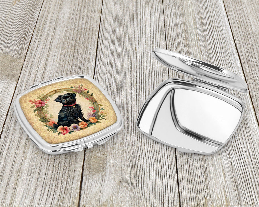Affenpinscher and Flowers Compact Mirror Decorative Travel Makeup Mirror for Women Girls Gifts Pocket Makeup Mirror Folding Handheld