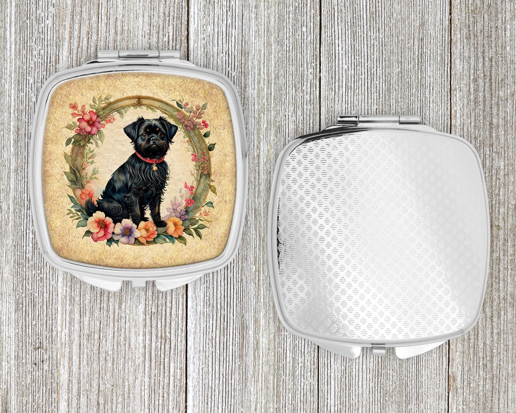 Affenpinscher and Flowers Compact Mirror Decorative Travel Makeup Mirror for Women Girls Gifts Pocket Makeup Mirror Folding Handheld