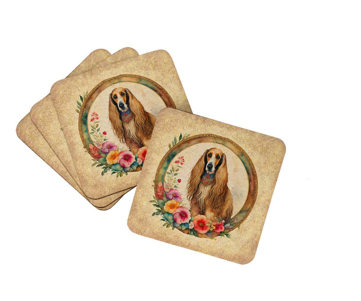 Afghan Hound and Flowers Foam Coasters Set of 4 Cup Coasters for Indoor Outdoor, Tabletop Protection, Anti Slip, Mouse pad Material