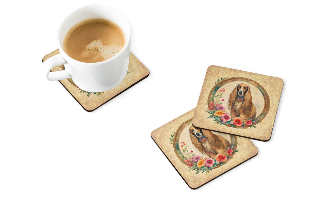 Afghan Hound and Flowers Foam Coasters Set of 4 Cup Coasters for Indoor Outdoor, Tabletop Protection, Anti Slip, Mouse pad Material