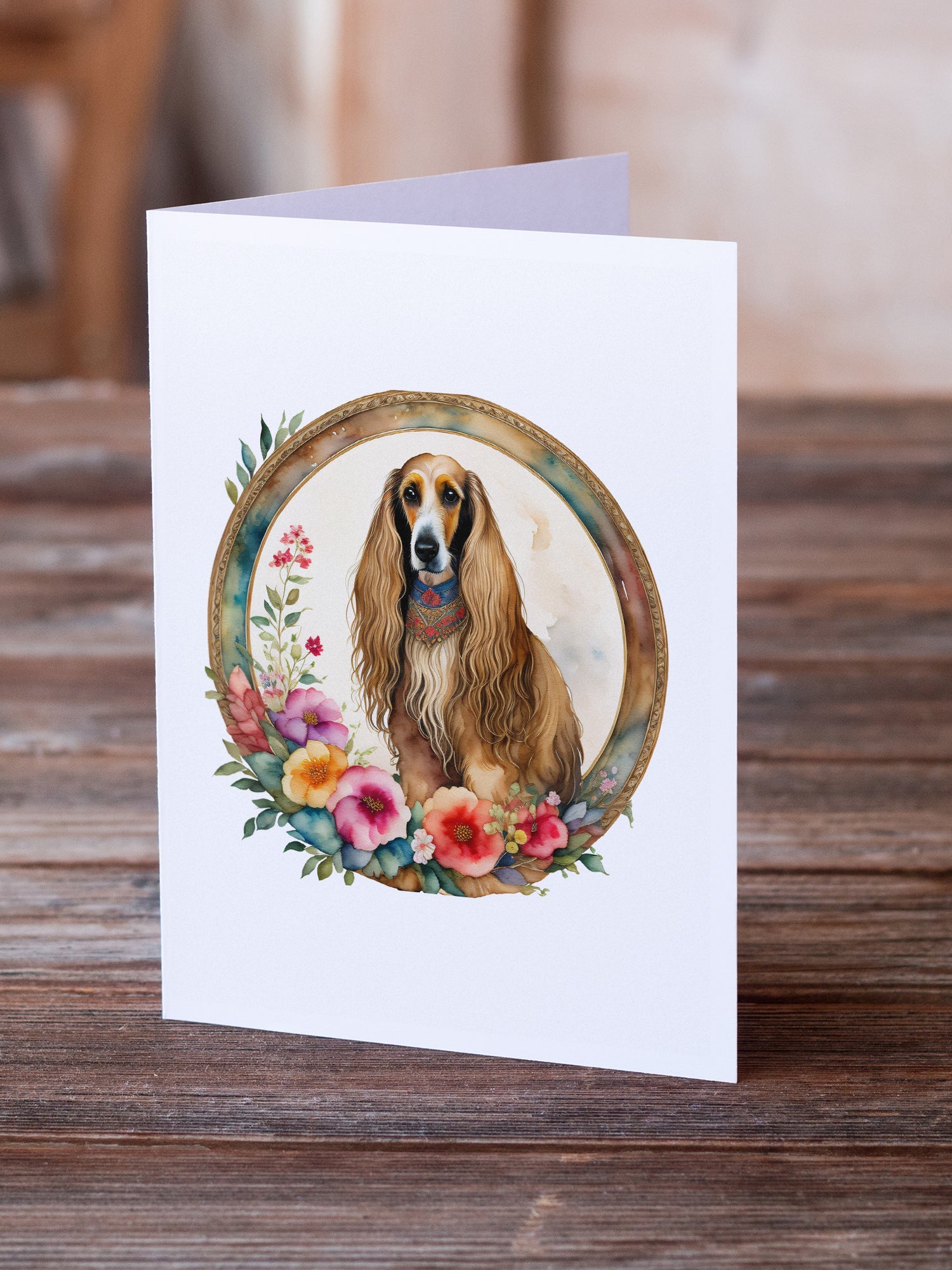 Afghan Hound and Flowers Greeting Cards Pack of 8 Blank Cards with Envelopes Whimsical A7 Size 5x7