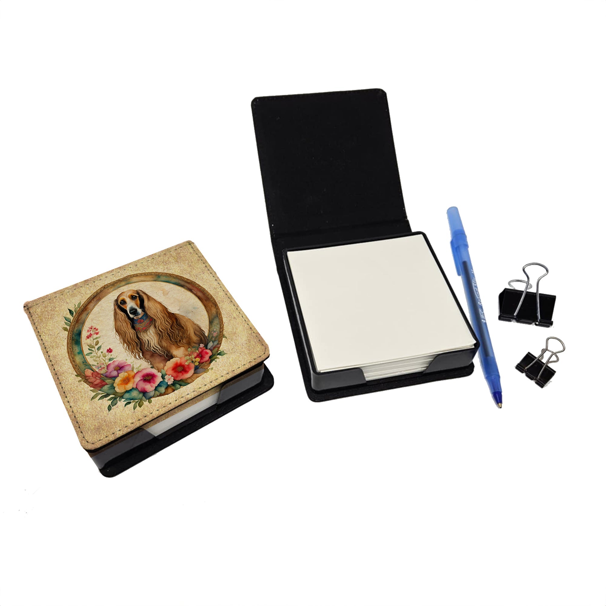 Afghan Hound and Flowers PU Leather Note Paper Holder with Artist-Designed Cover, Desk Accessory, Office Gift
