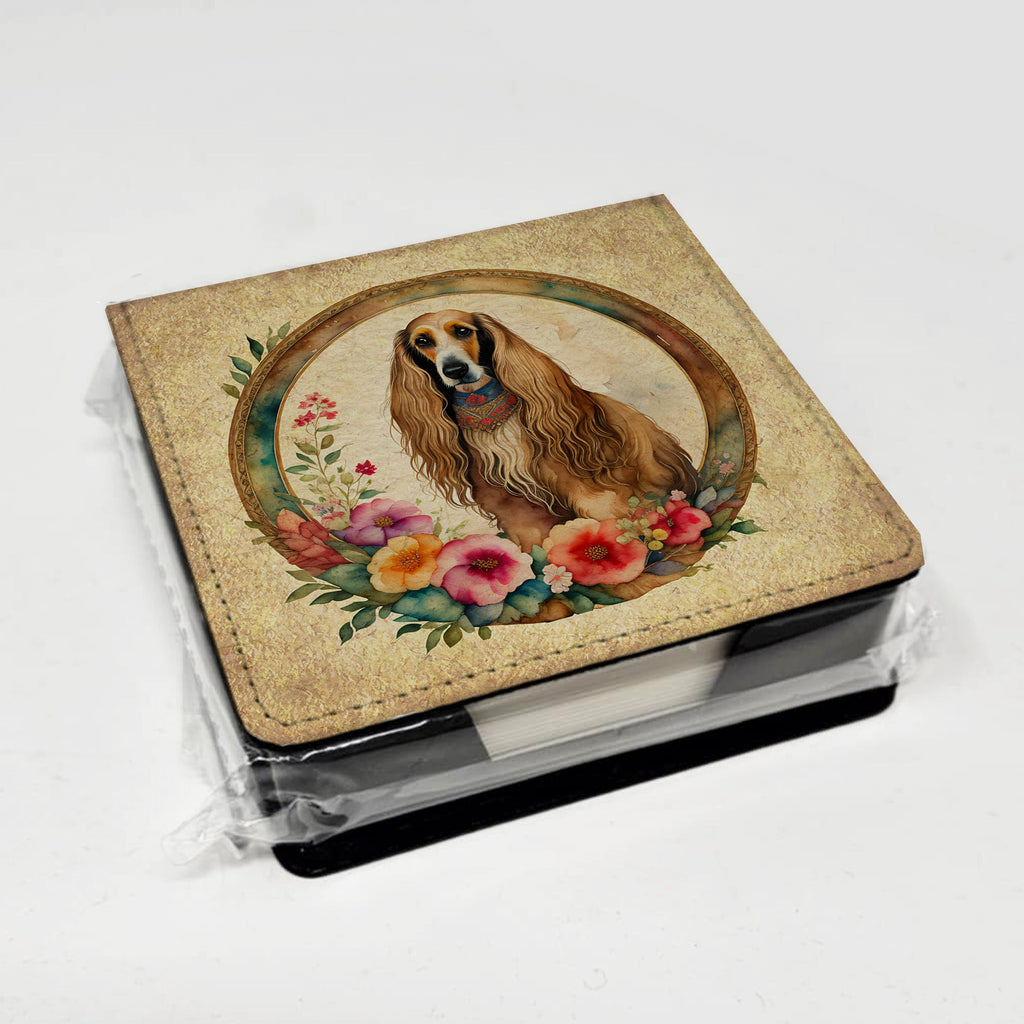 Afghan Hound and Flowers PU Leather Note Paper Holder with Artist-Designed Cover, Desk Accessory, Office Gift