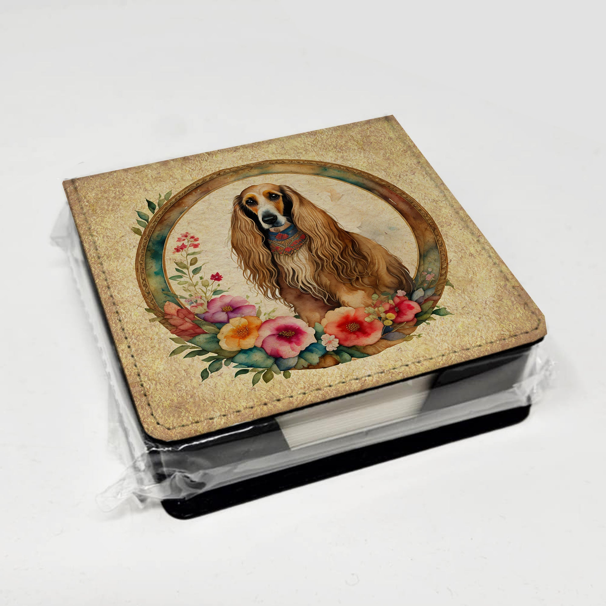 Afghan Hound and Flowers PU Leather Note Paper Holder with Artist-Designed Cover, Desk Accessory, Office Gift