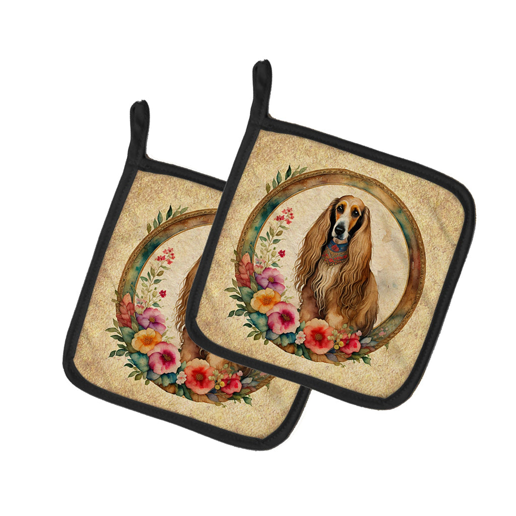 Afghan Hound and Flowers Pot Holder Set of 2 Heat Resistant Quilted Hot Pads 7.5 x 7.5 Inch, Insulated Kitchen Trivets for Cooking & Baking