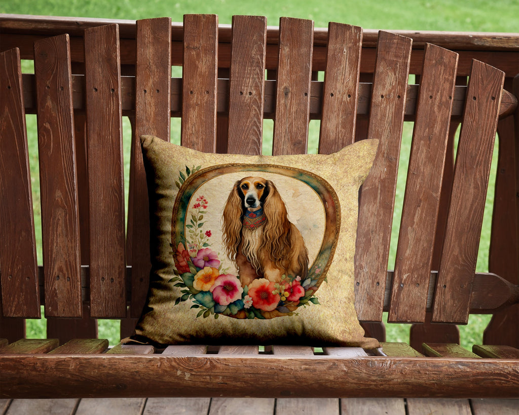 Afghan Hound and Flowers Decorative Throw Pillow 14x14 Indoor Outdoor Accent Cushion, Fabric Cover with Insert for Sofa, Bed, Porch & Living Room