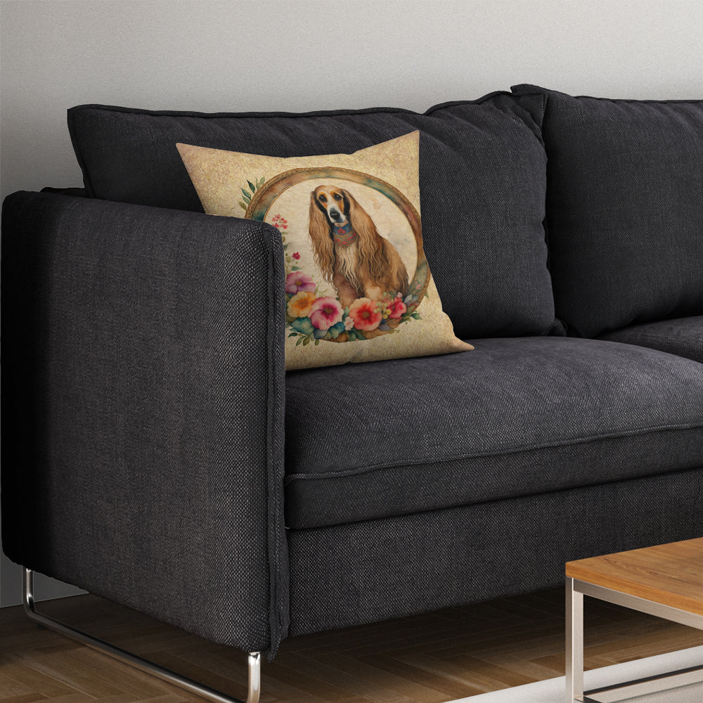 Afghan Hound and Flowers Decorative Throw Pillow 14x14 Indoor Outdoor Accent Cushion, Fabric Cover with Insert for Sofa, Bed, Porch & Living Room