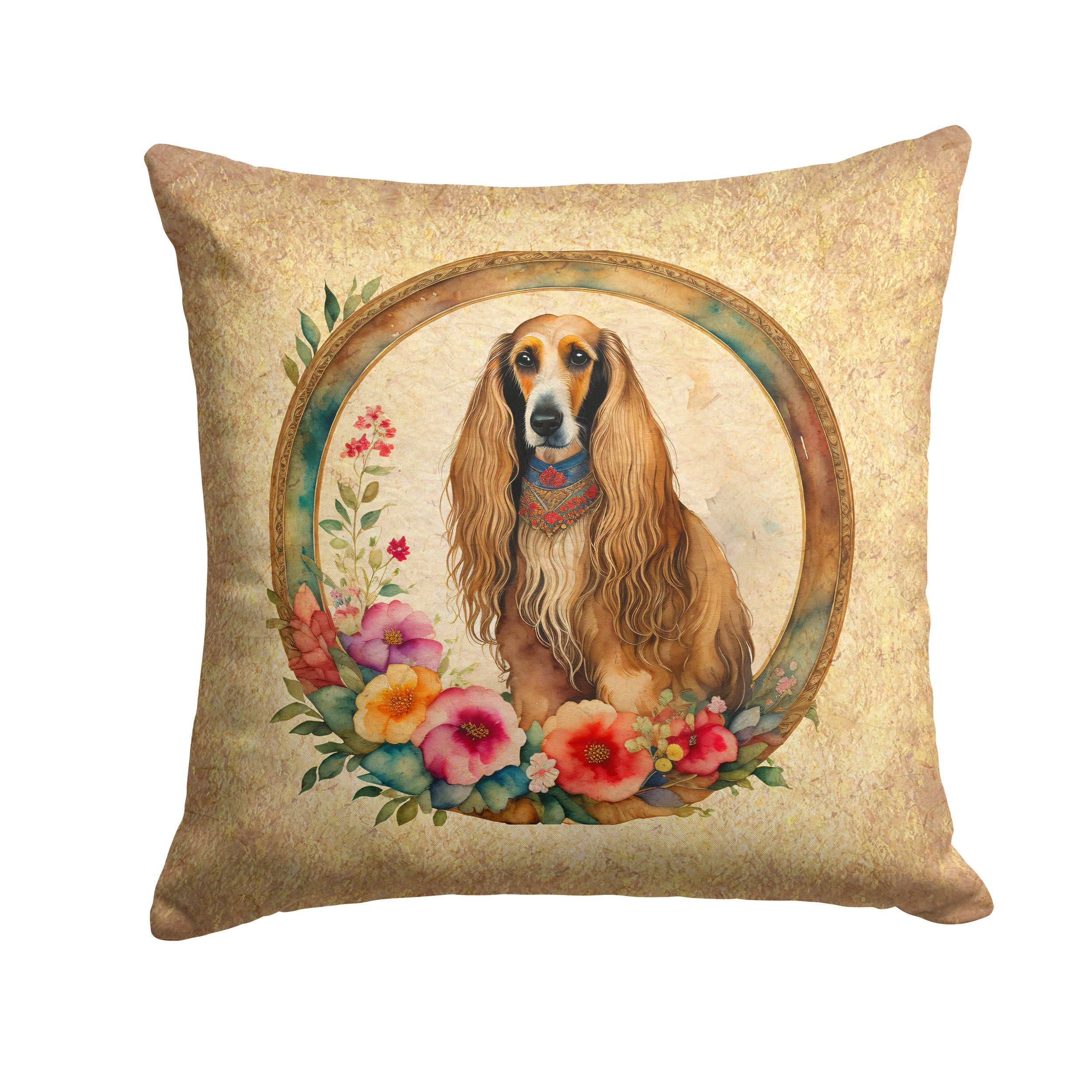 Afghan Hound and Flowers Decorative Throw Pillow 18x18 Indoor Outdoor Accent Cushion, Fabric Cover with Insert for Sofa, Bed, Porch & Living Room